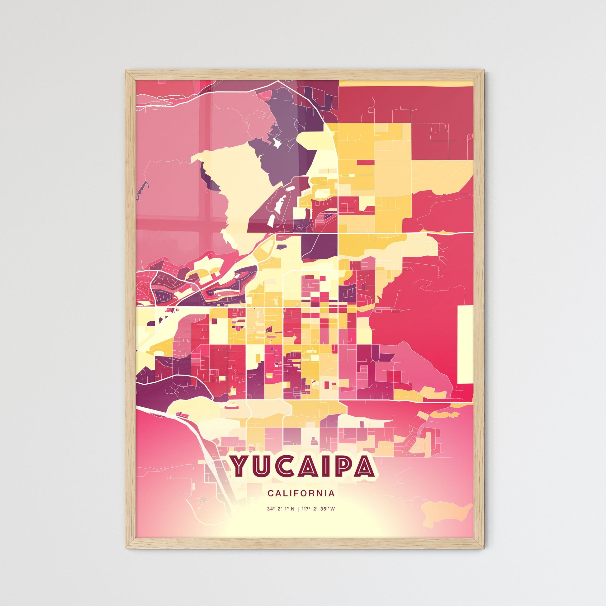 Colorful YUCAIPA CALIFORNIA Fine Art Map Hot Red