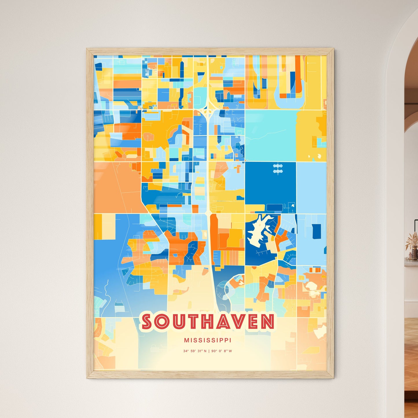 Colorful SOUTHAVEN MISSISSIPPI Fine Art Map Blue Orange