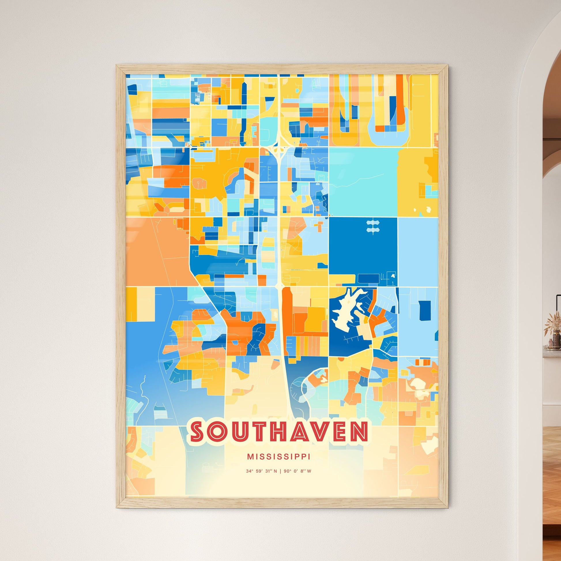 Colorful SOUTHAVEN MISSISSIPPI Fine Art Map Blue Orange