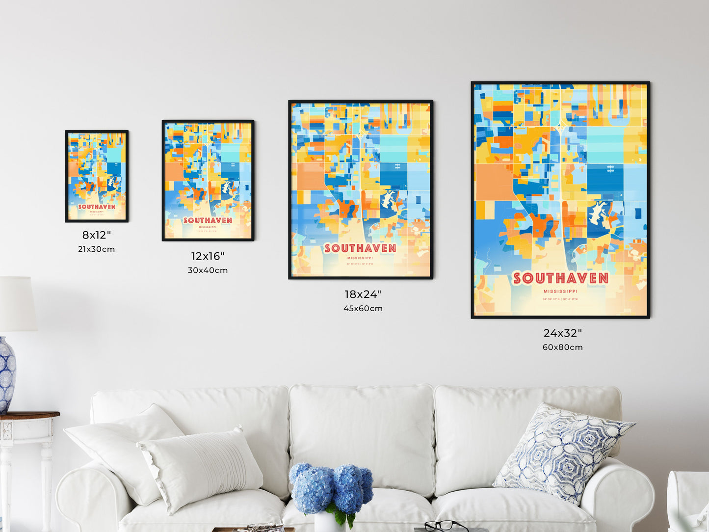 Colorful SOUTHAVEN MISSISSIPPI Fine Art Map Blue Orange