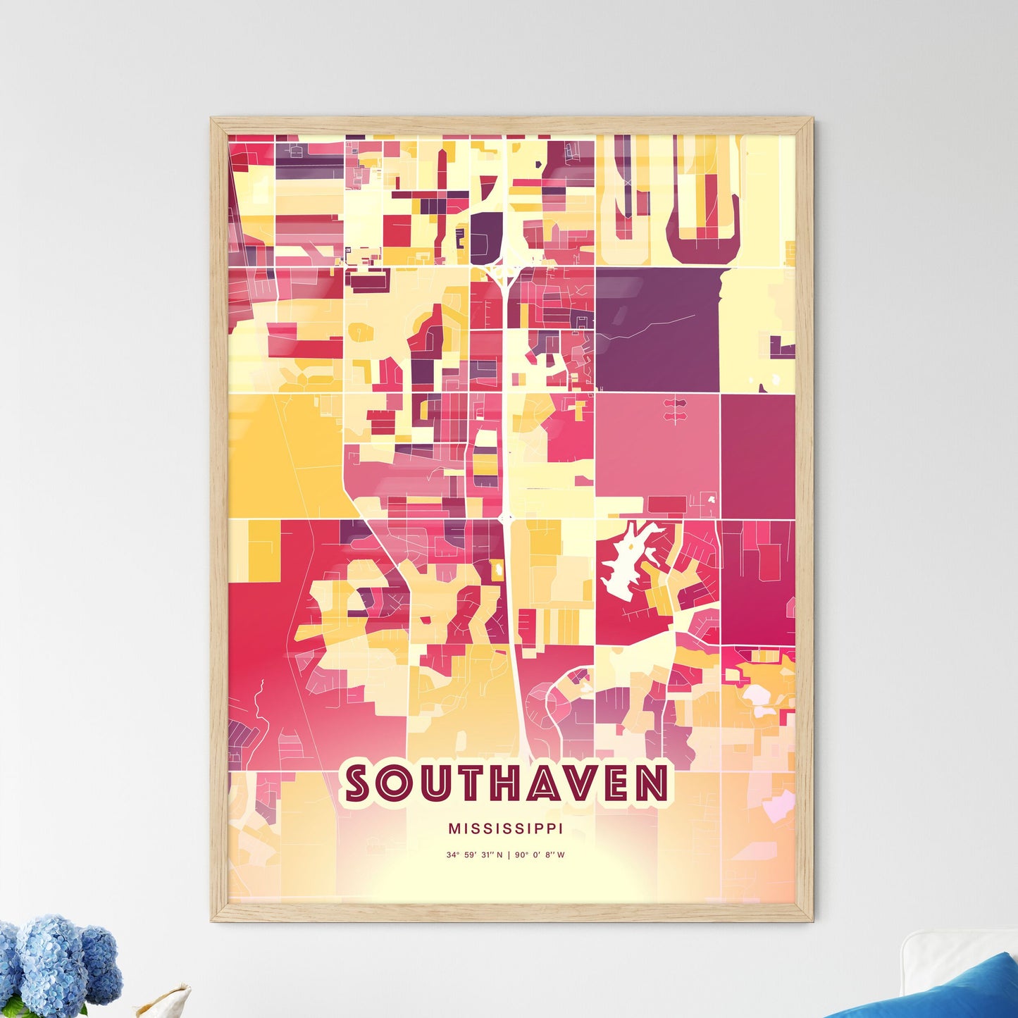 Colorful SOUTHAVEN MISSISSIPPI Fine Art Map Hot Red