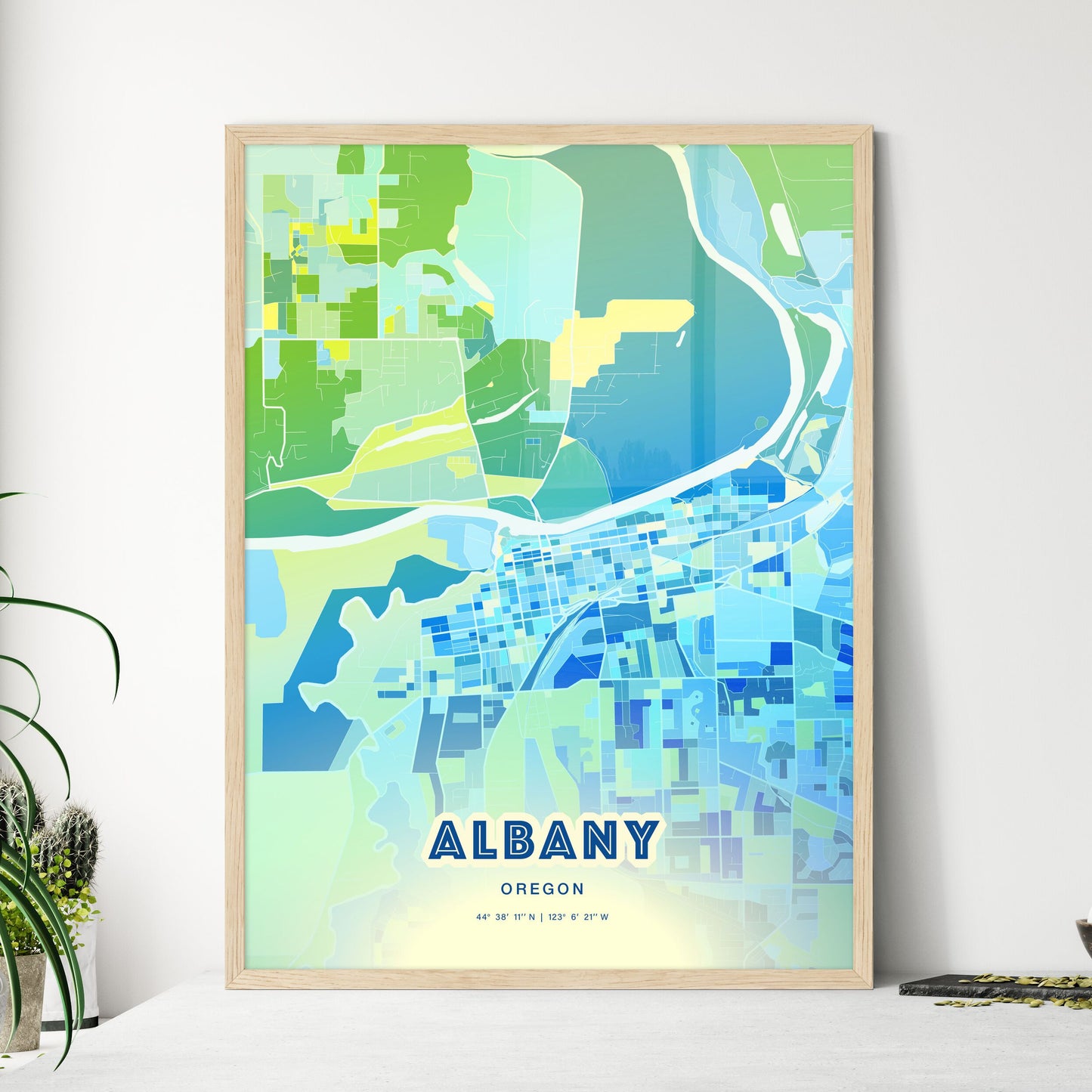 Colorful ALBANY OREGON Fine Art Map Cool Blue