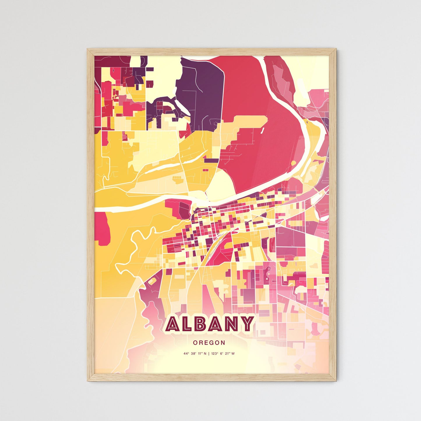 Colorful ALBANY OREGON Fine Art Map Hot Red