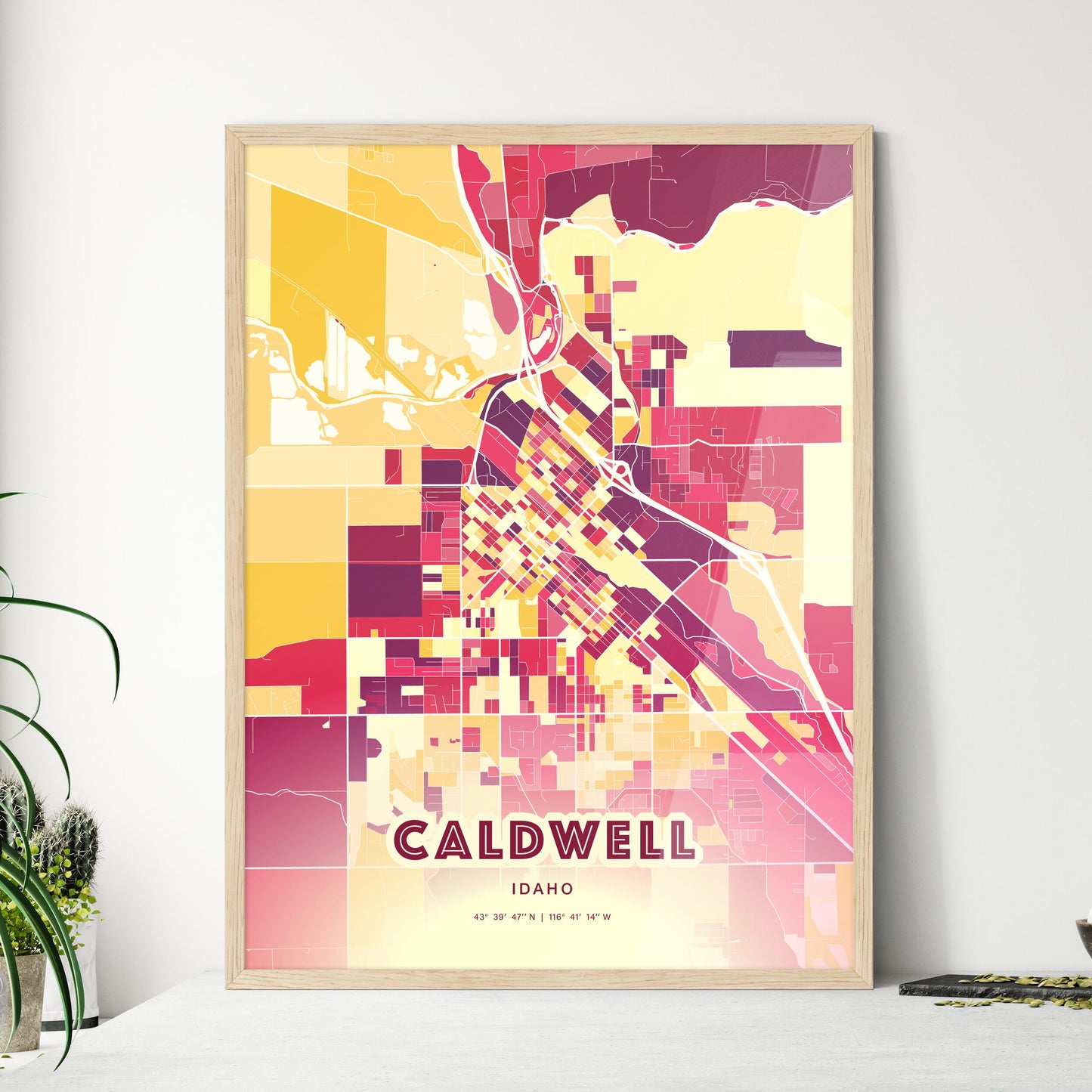 Colorful CALDWELL IDAHO Fine Art Map Hot Red