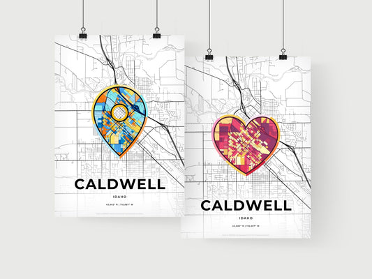 CALDWELL IDAHO minimal art map with a colorful icon. Where it all began, Couple map gift.