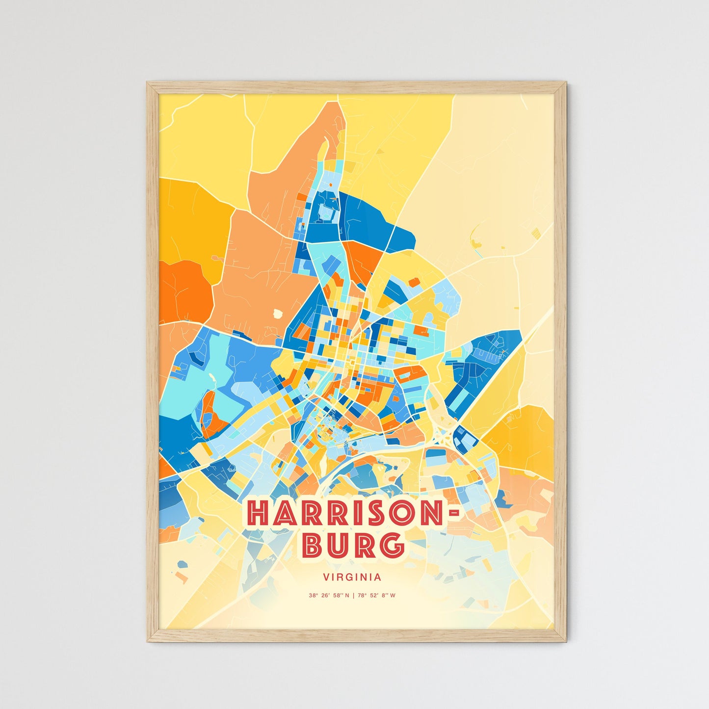 Colorful HARRISONBURG VIRGINIA Fine Art Map Blue Orange