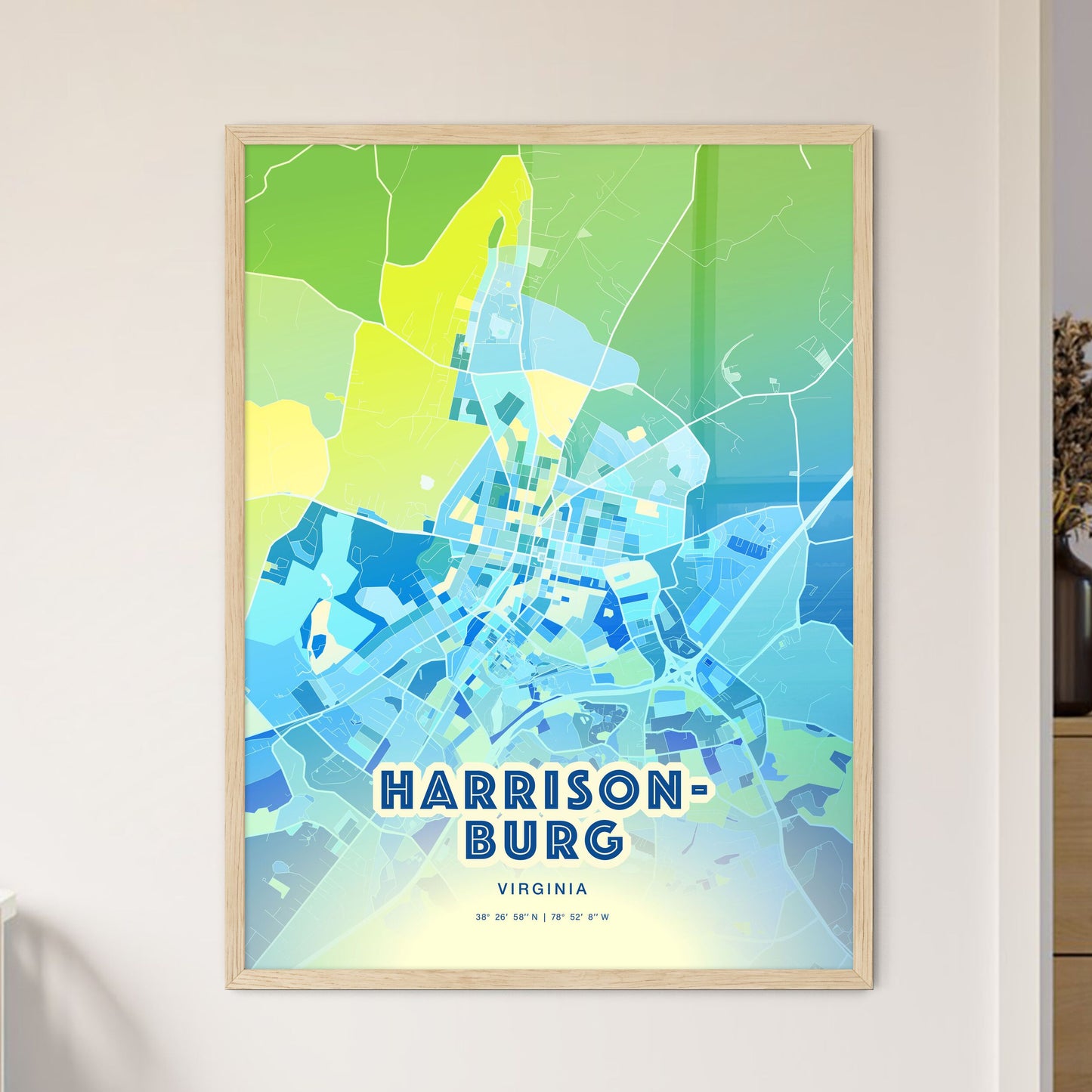 Colorful HARRISONBURG VIRGINIA Fine Art Map Cool Blue