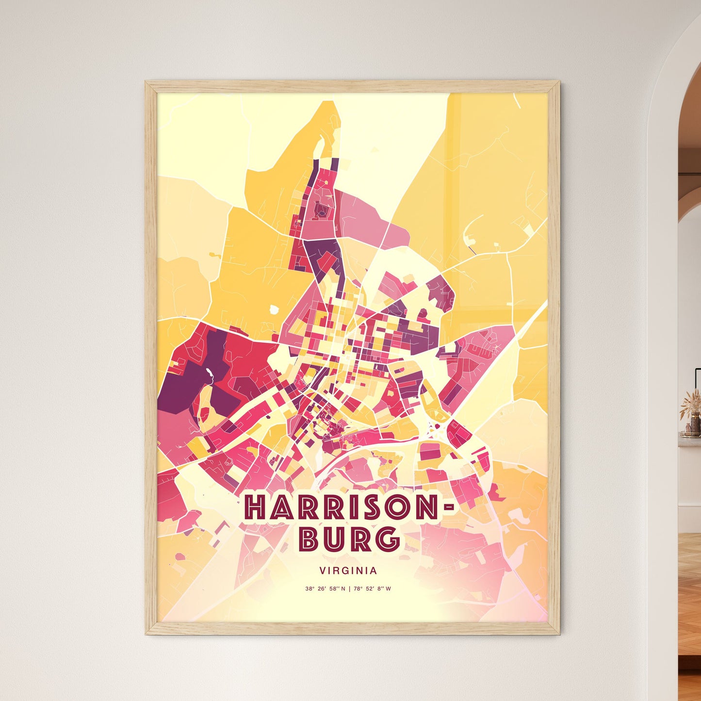 Colorful HARRISONBURG VIRGINIA Fine Art Map Hot Red