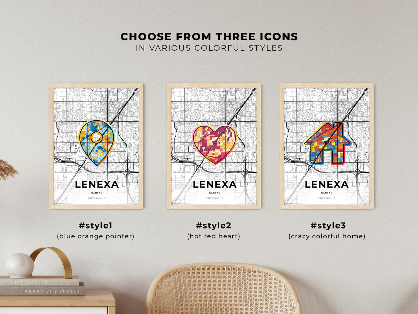 LENEXA KANSAS minimal art map with a colorful icon. Where it all began, Couple map gift.