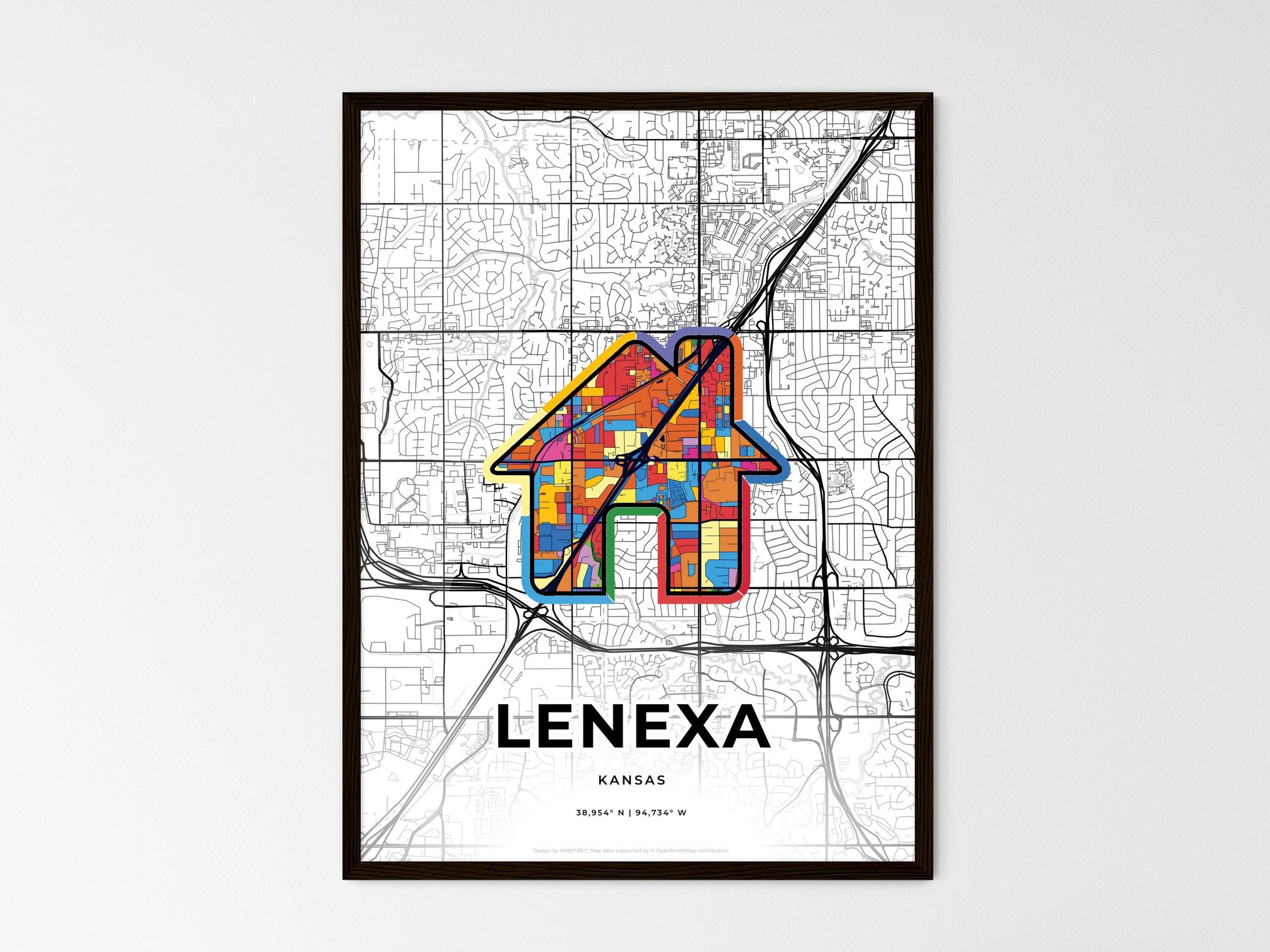 LENEXA KANSAS minimal art map with a colorful icon. Where it all began, Couple map gift. Style 3