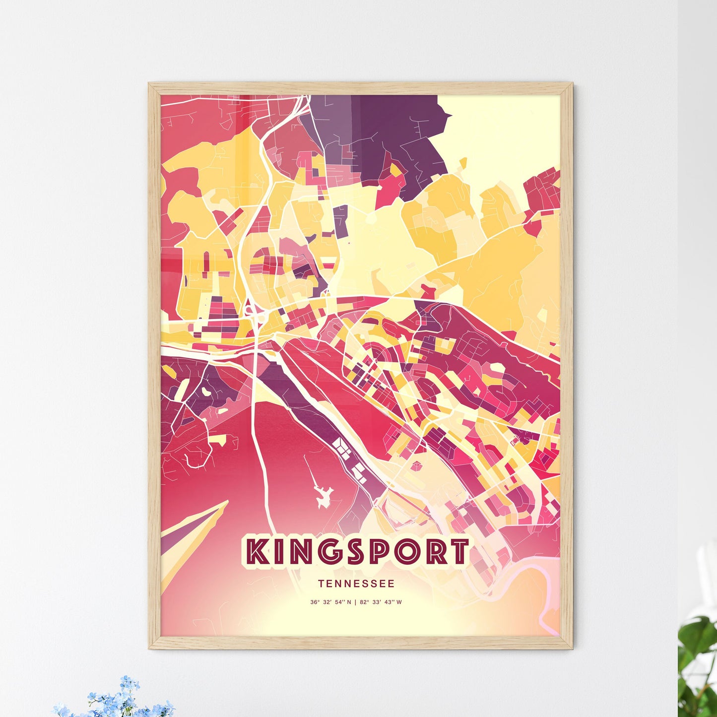 Colorful KINGSPORT TENNESSEE Fine Art Map Hot Red