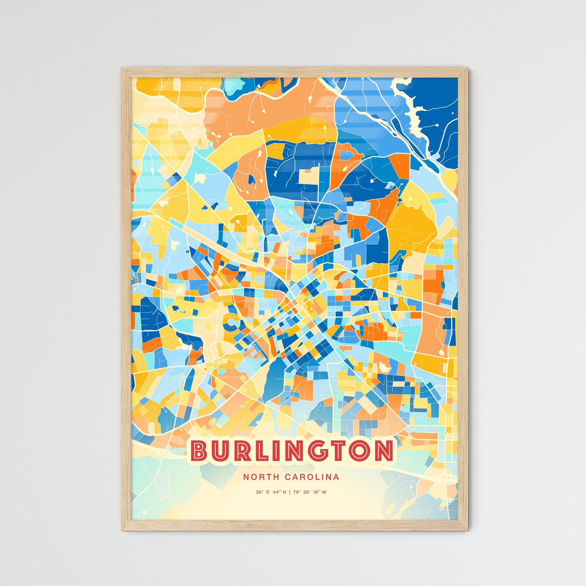 Colorful BURLINGTON NORTH CAROLINA Fine Art Map Blue Orange