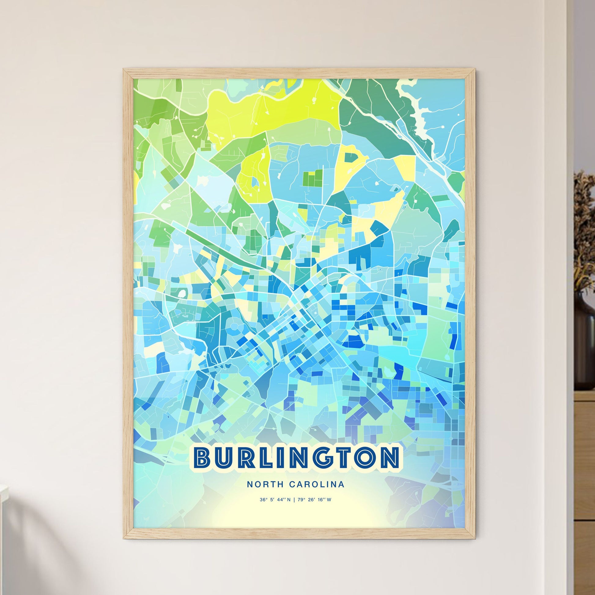 Colorful BURLINGTON NORTH CAROLINA Fine Art Map Cool Blue