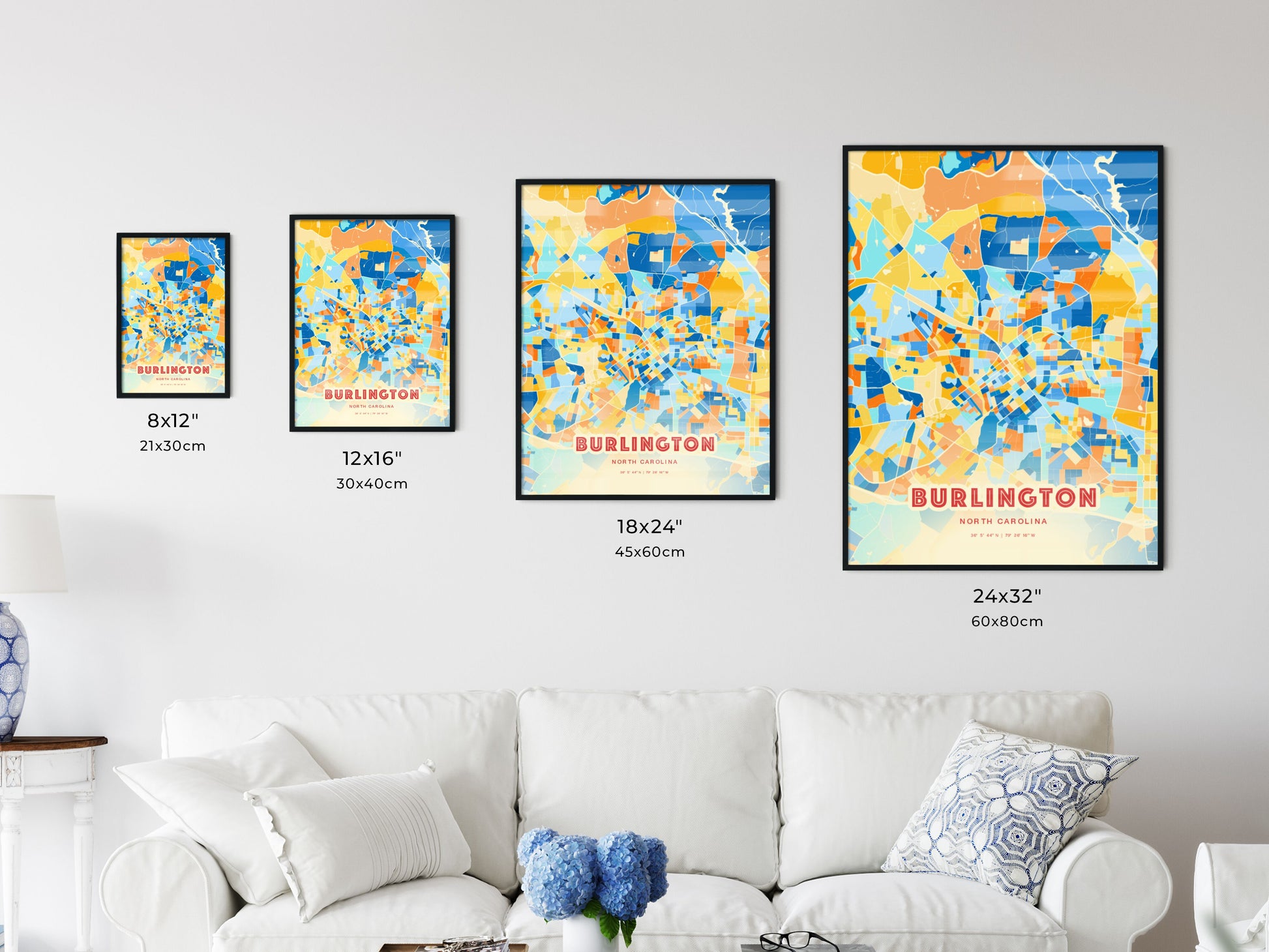 Colorful BURLINGTON NORTH CAROLINA Fine Art Map Blue Orange