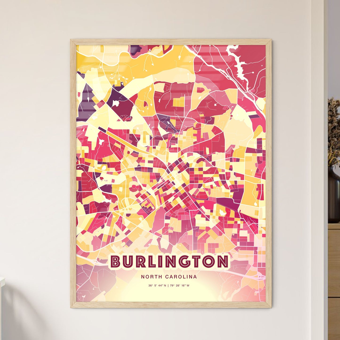 Colorful BURLINGTON NORTH CAROLINA Fine Art Map Hot Red