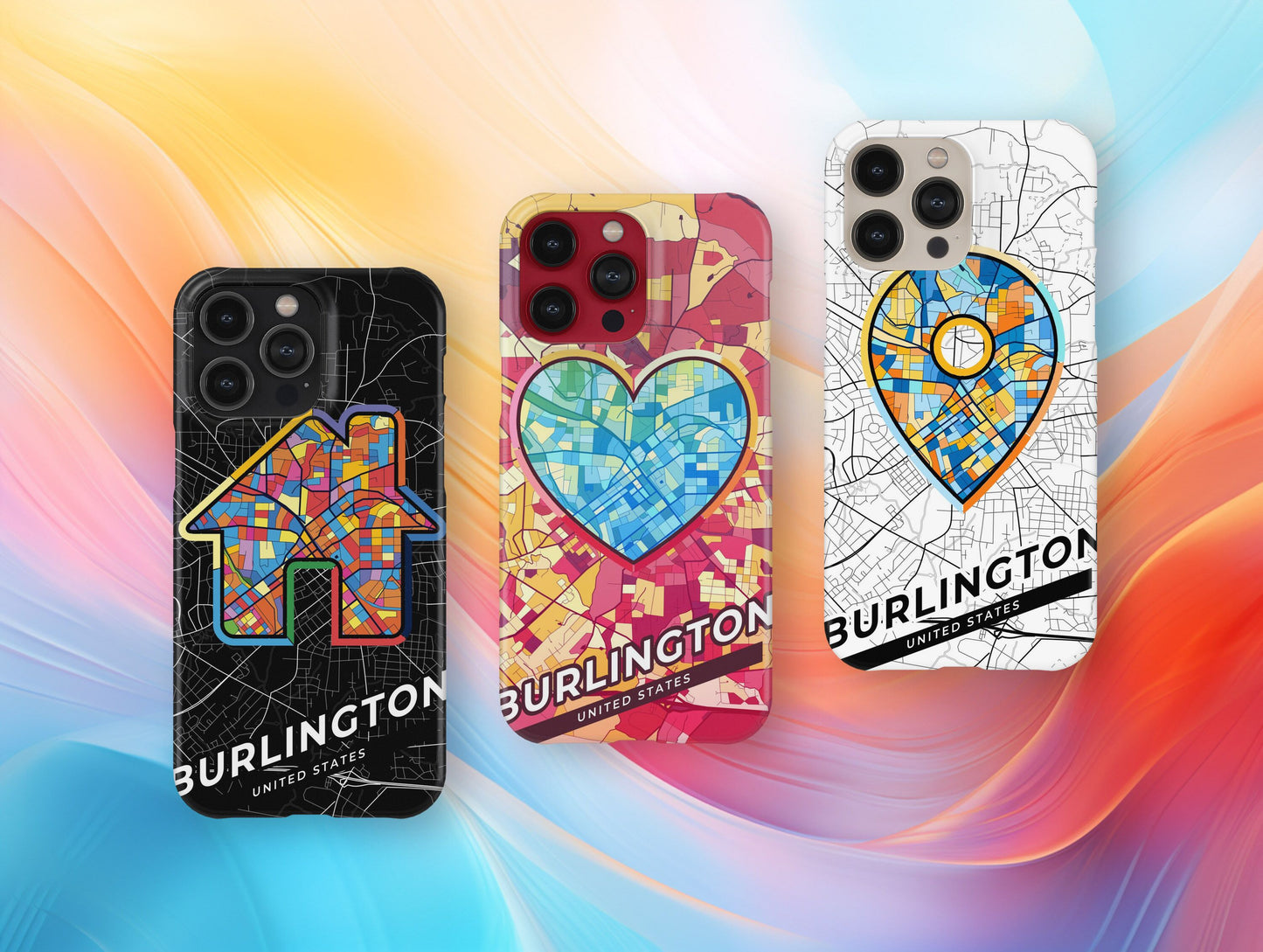 Burlington North Carolina slim phone case with colorful icon. Birthday, wedding or housewarming gift. Couple match cases.