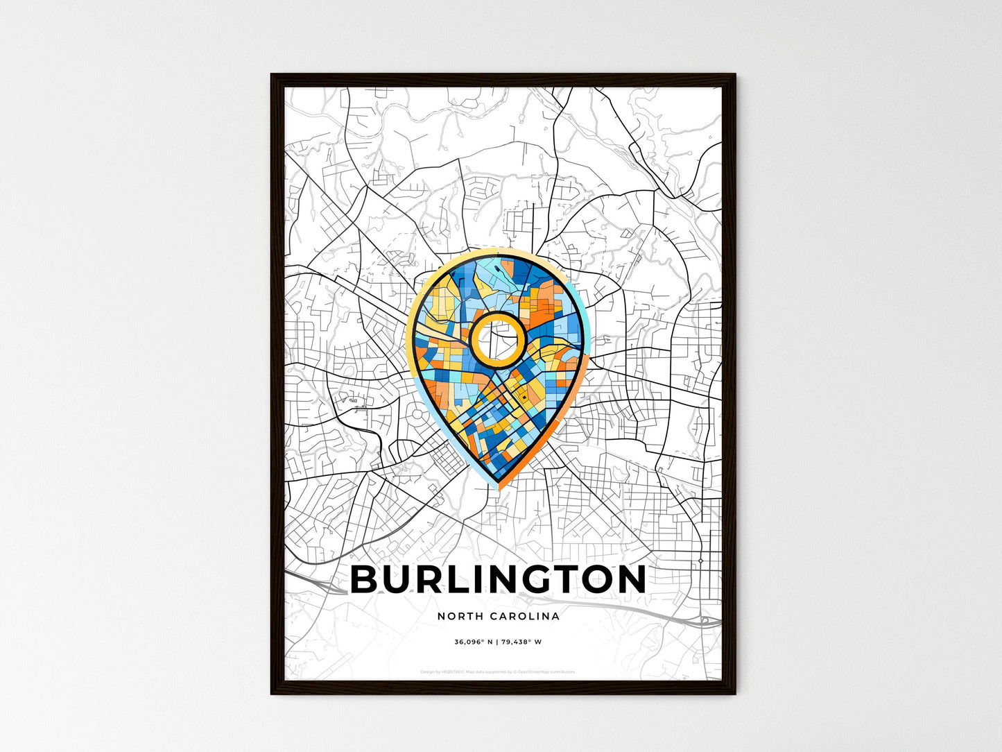 BURLINGTON NORTH CAROLINA minimal art map with a colorful icon. Where it all began, Couple map gift. Style 1