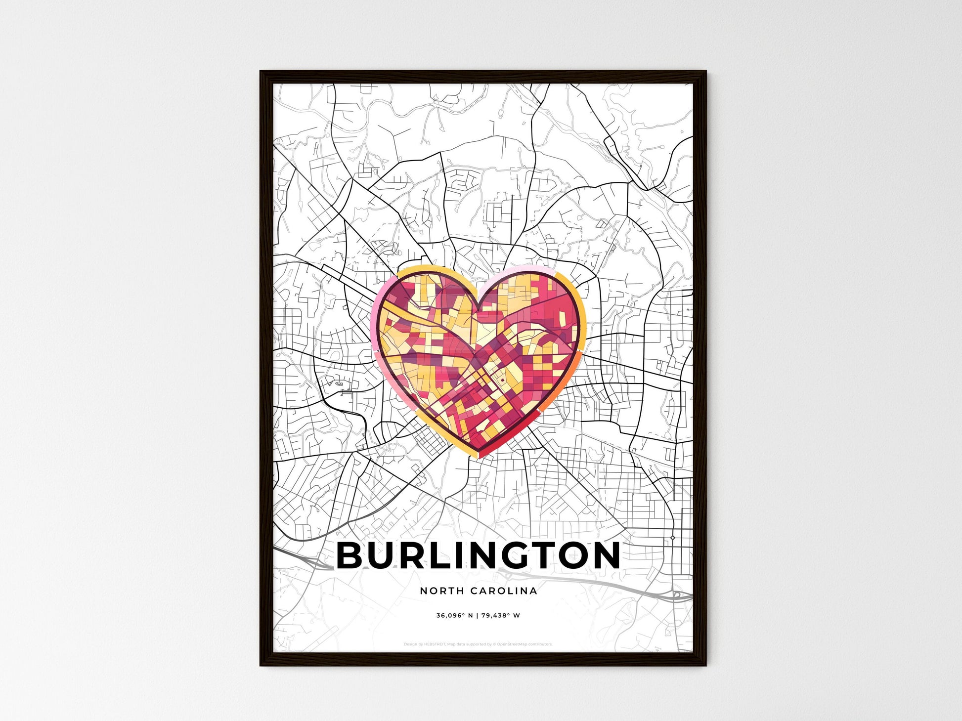 BURLINGTON NORTH CAROLINA minimal art map with a colorful icon. Where it all began, Couple map gift. Style 2