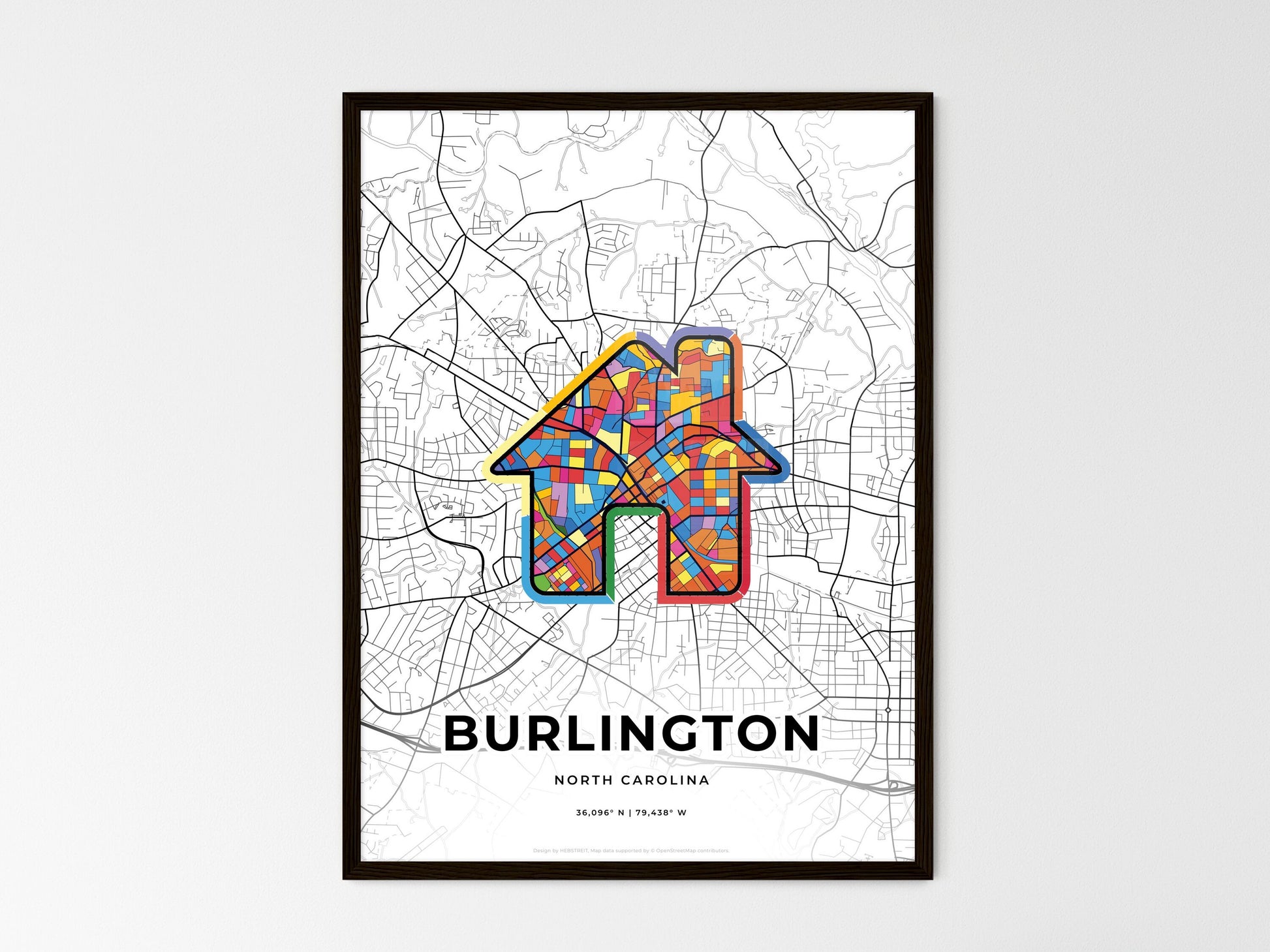 BURLINGTON NORTH CAROLINA minimal art map with a colorful icon. Where it all began, Couple map gift. Style 3