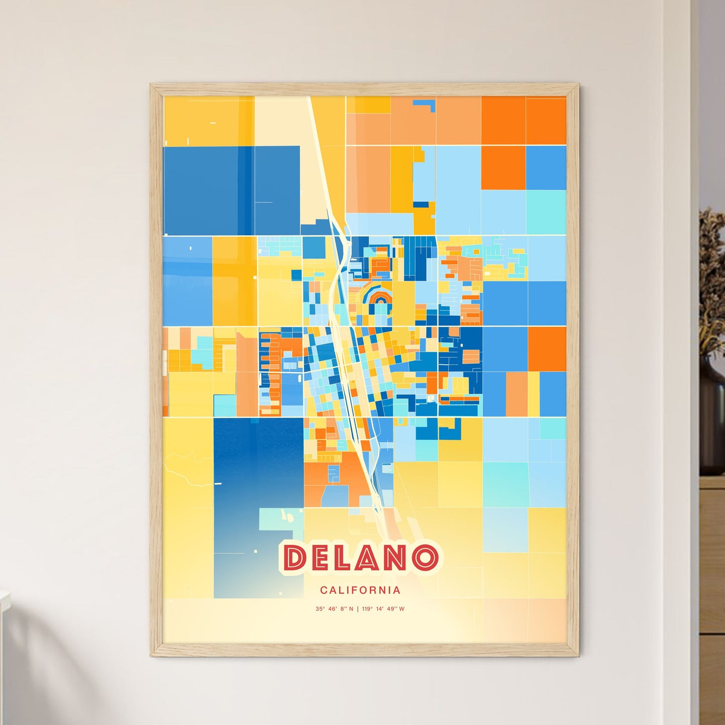 Colorful DELANO CALIFORNIA Fine Art Map Blue Orange