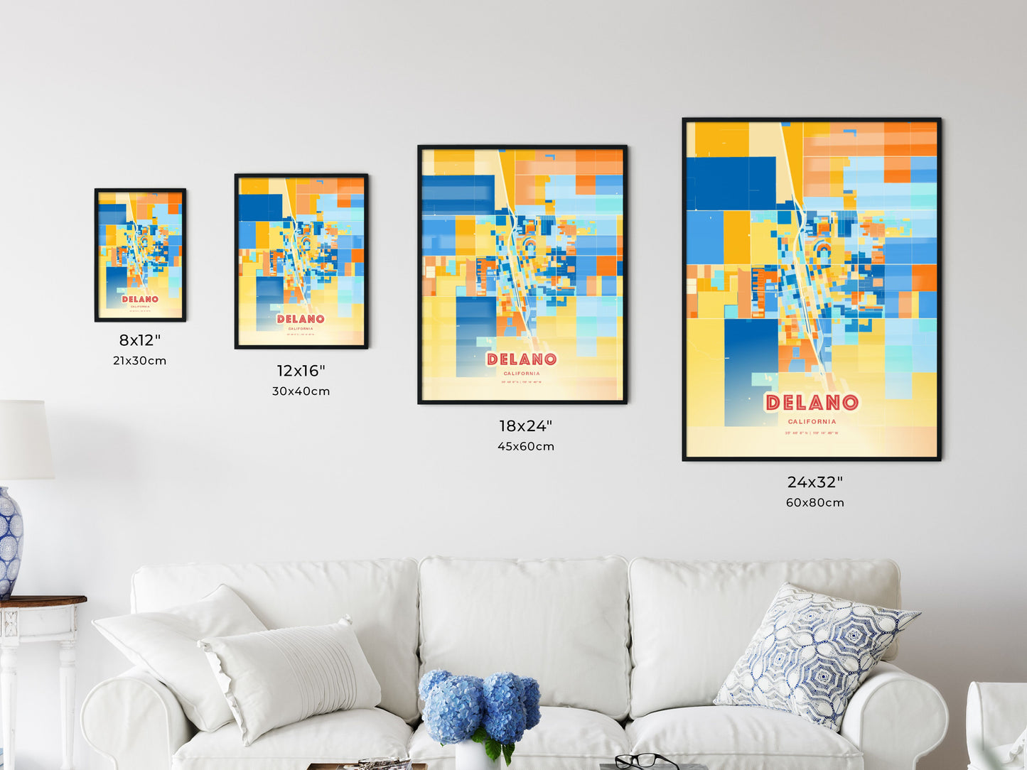 Colorful DELANO CALIFORNIA Fine Art Map Blue Orange