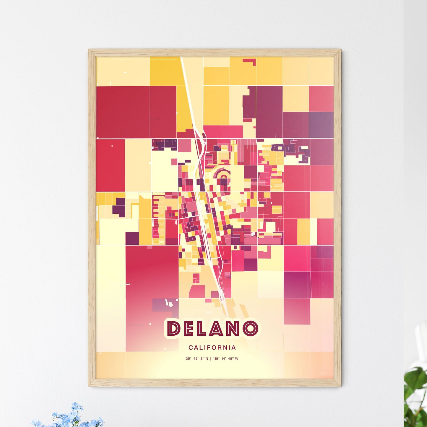 Colorful DELANO CALIFORNIA Fine Art Map Hot Red