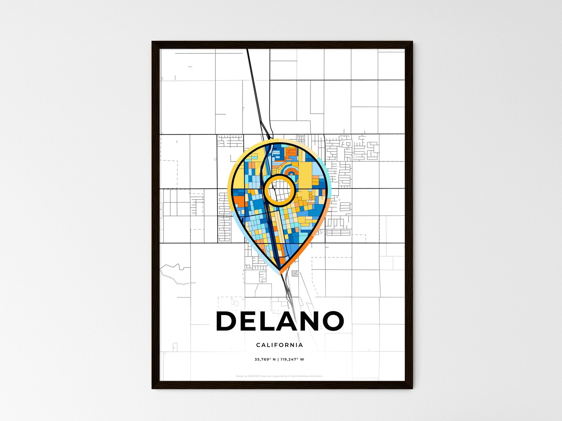 DELANO CALIFORNIA minimal art map with a colorful icon. Where it all began, Couple map gift. Style 1