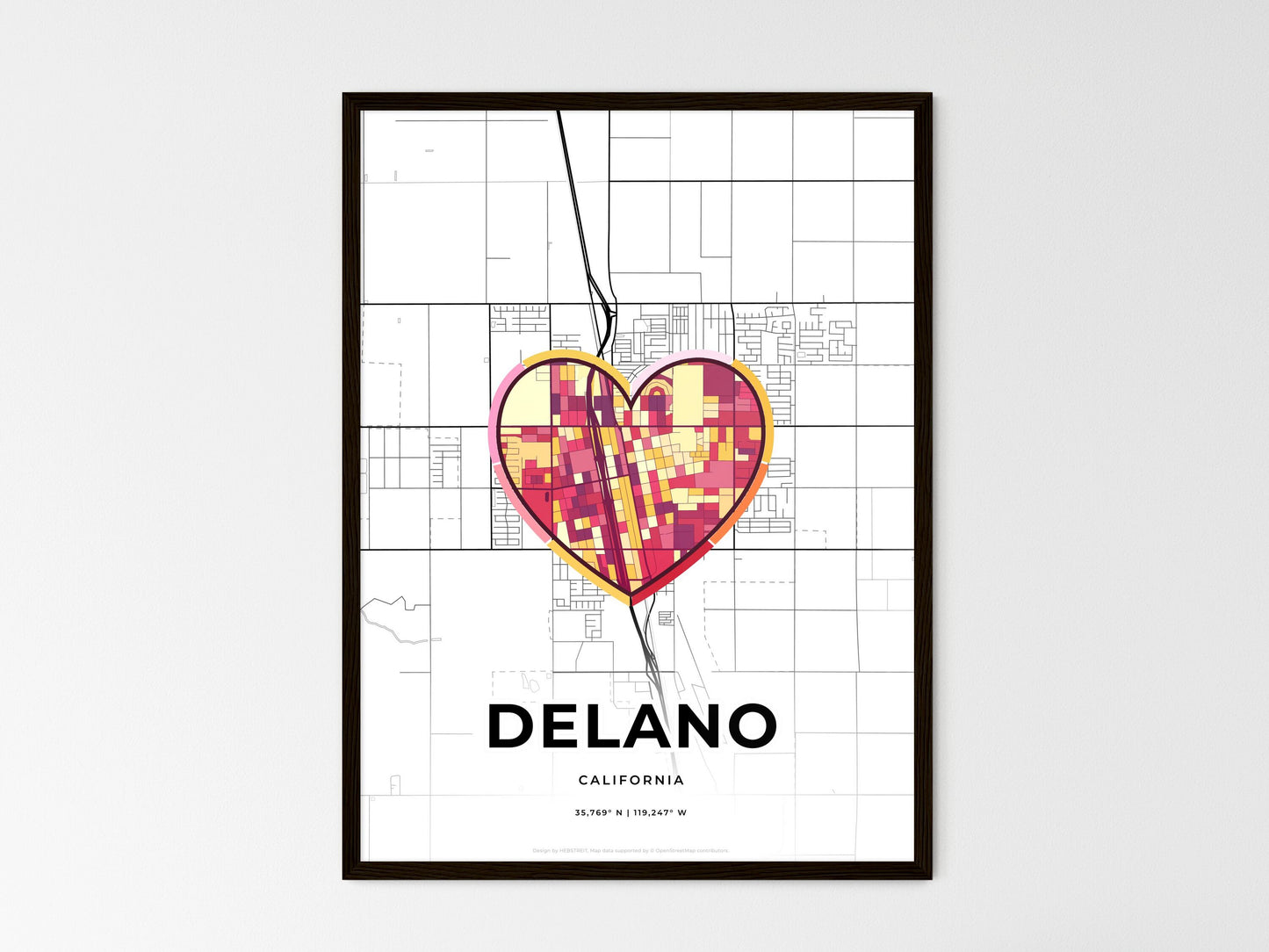 DELANO CALIFORNIA minimal art map with a colorful icon. Where it all began, Couple map gift. Style 2