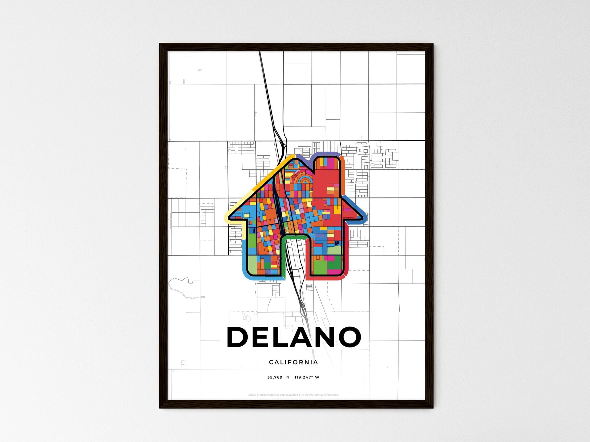 DELANO CALIFORNIA minimal art map with a colorful icon. Where it all began, Couple map gift. Style 3