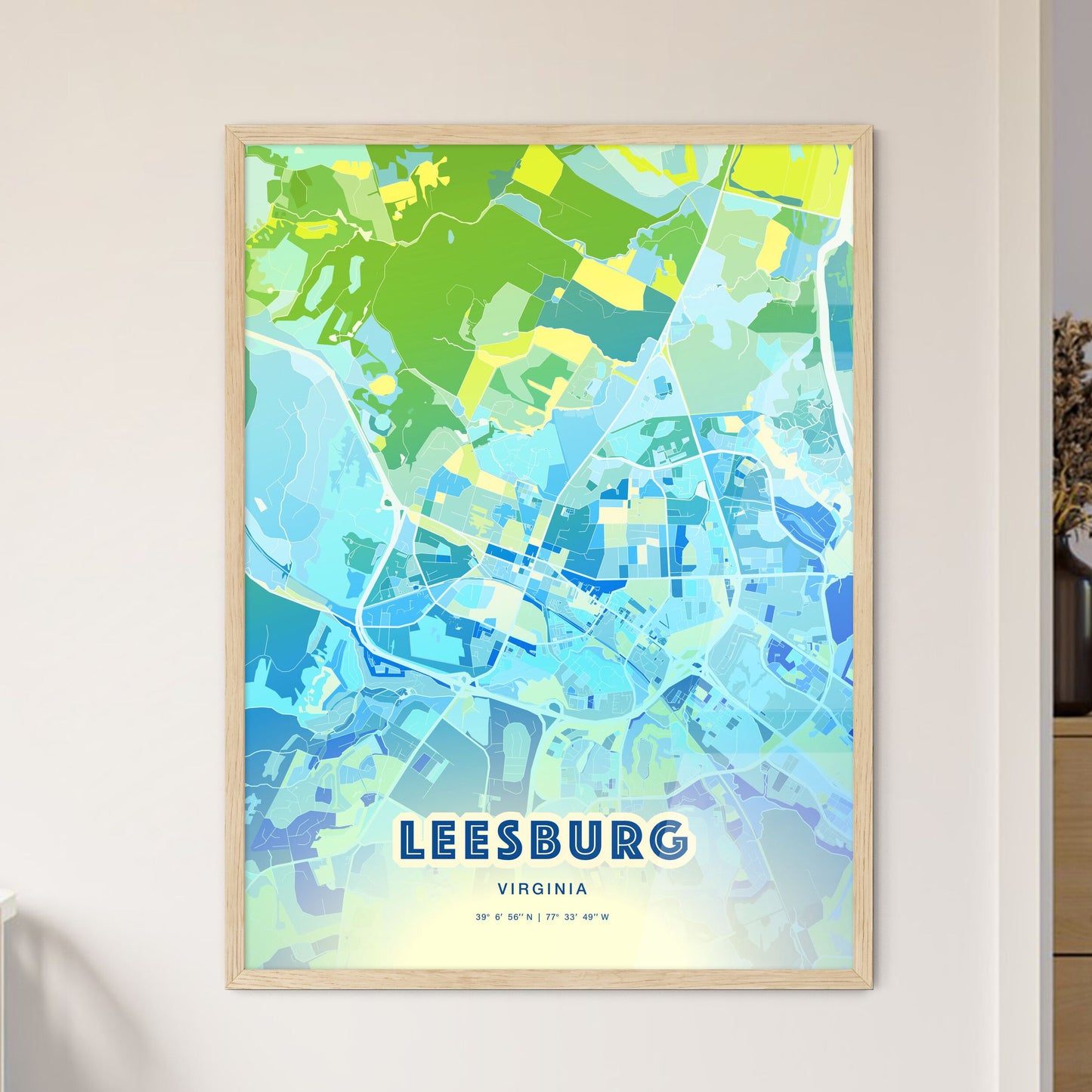 Colorful LEESBURG VIRGINIA Fine Art Map Cool Blue