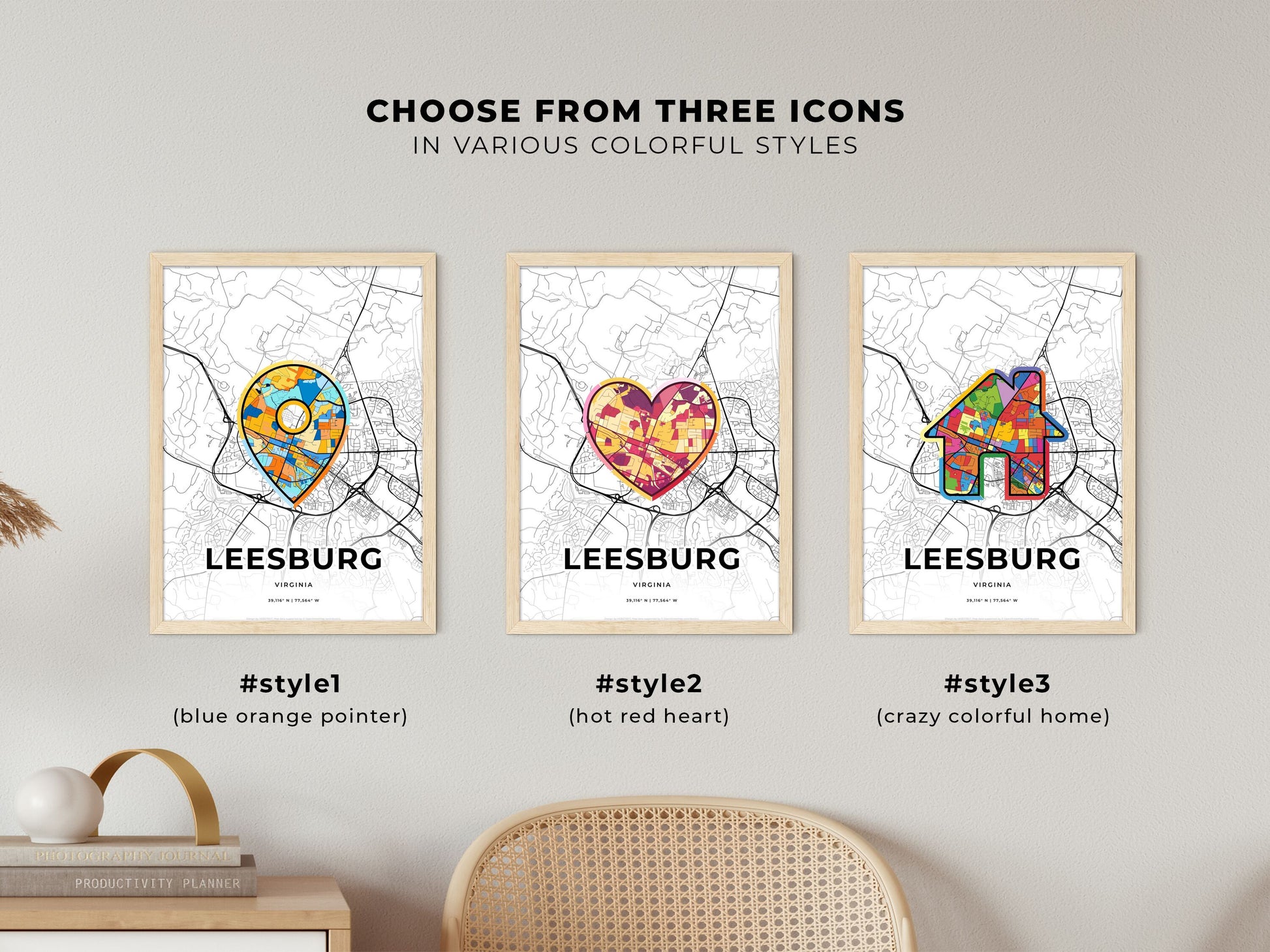 LEESBURG VIRGINIA minimal art map with a colorful icon. Where it all began, Couple map gift.