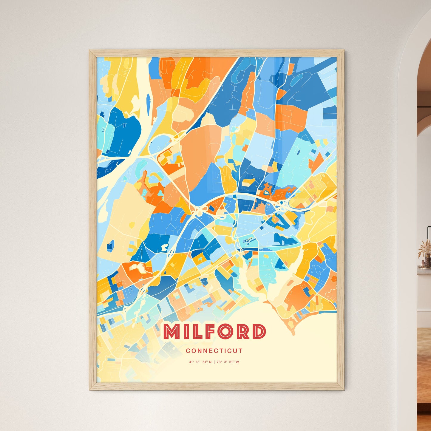 Colorful MILFORD CONNECTICUT Fine Art Map Blue Orange