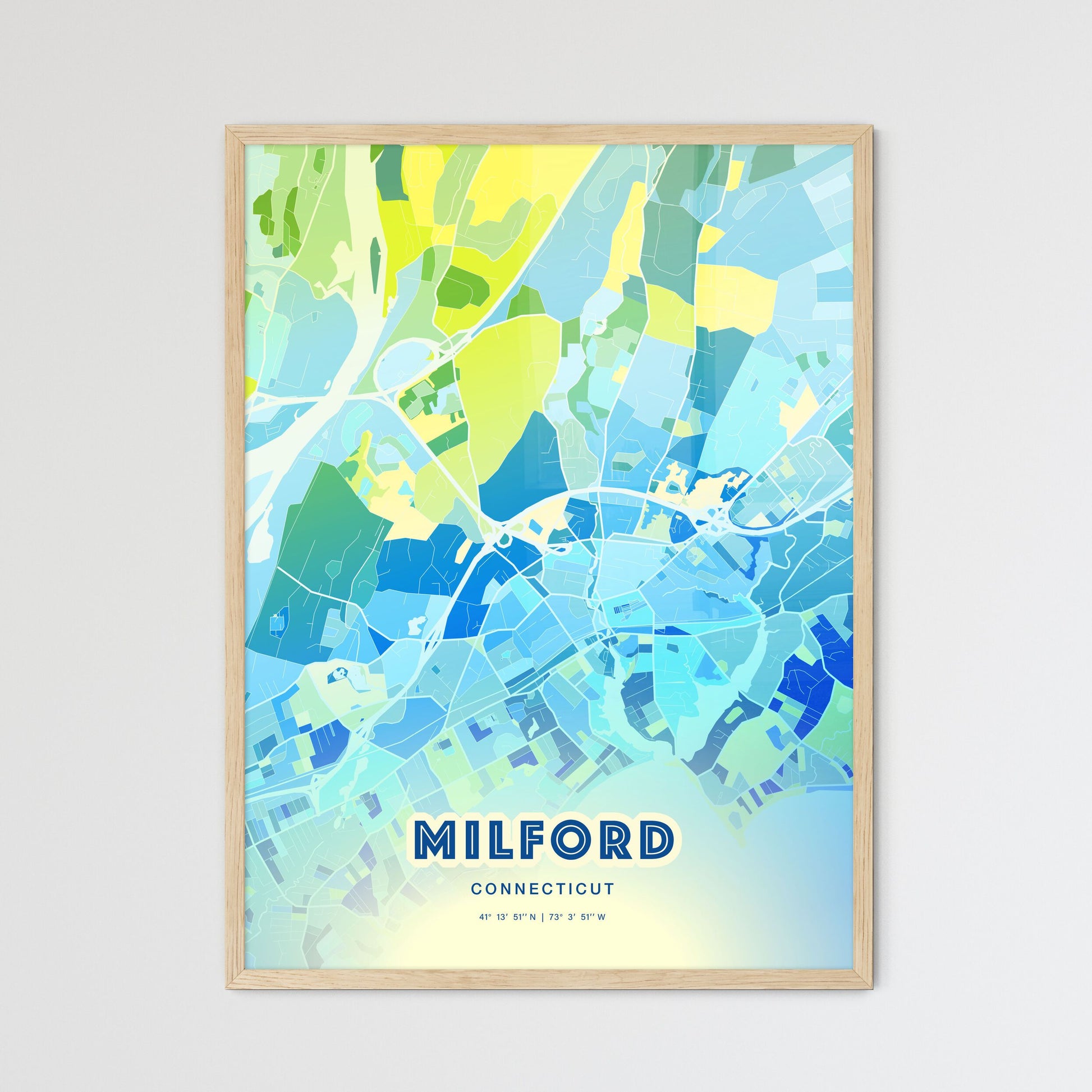 Colorful MILFORD CONNECTICUT Fine Art Map Cool Blue