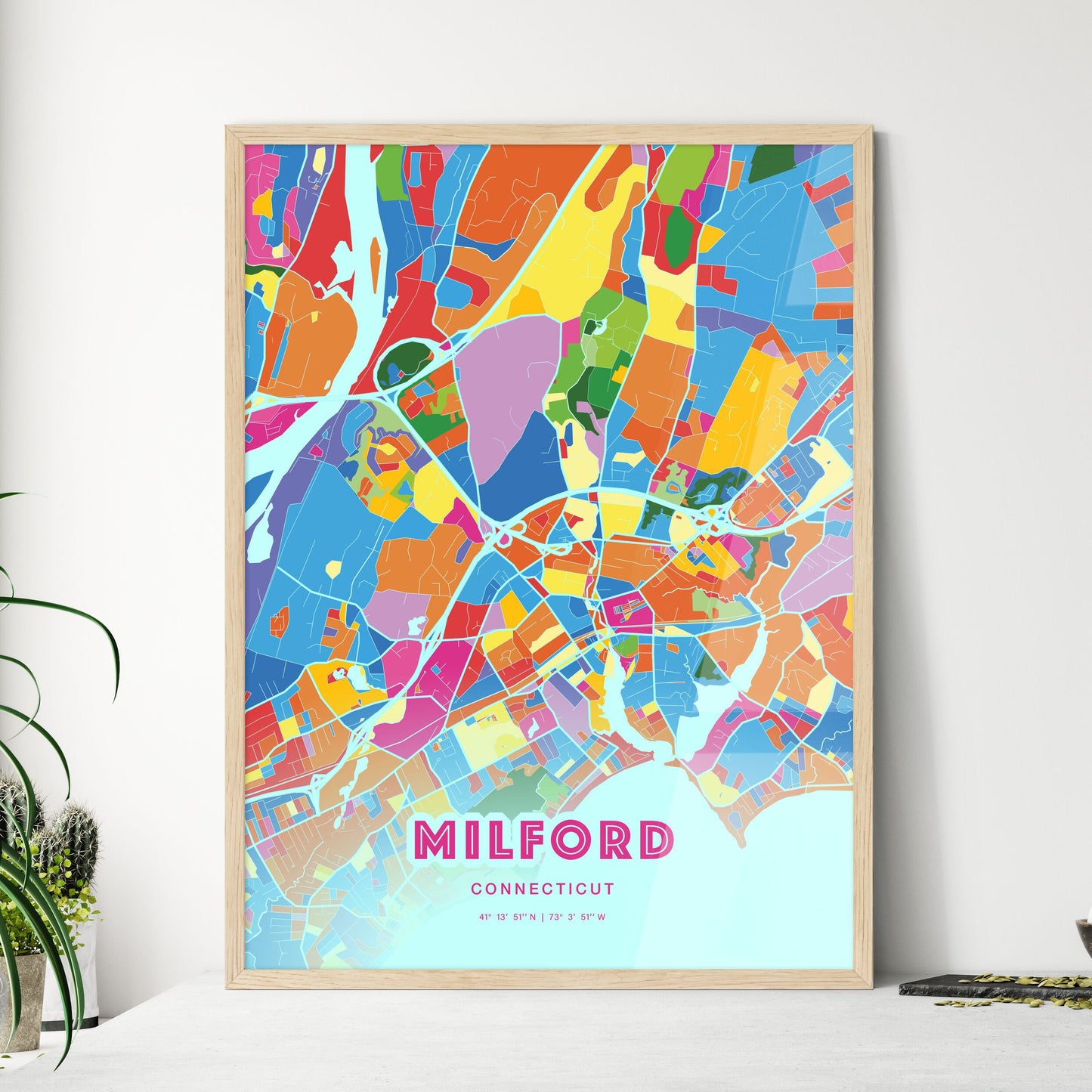 Colorful MILFORD CONNECTICUT Fine Art Map Crazy Colors