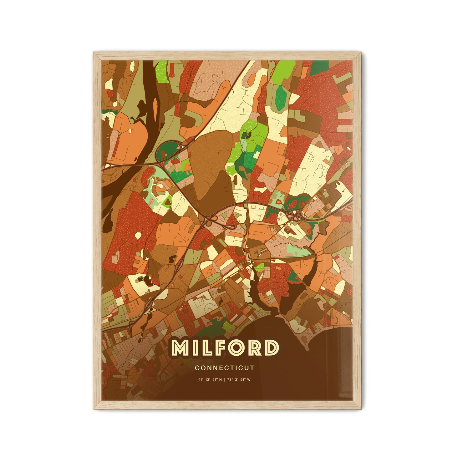 Colorful MILFORD CONNECTICUT Fine Art Map Farmhouse