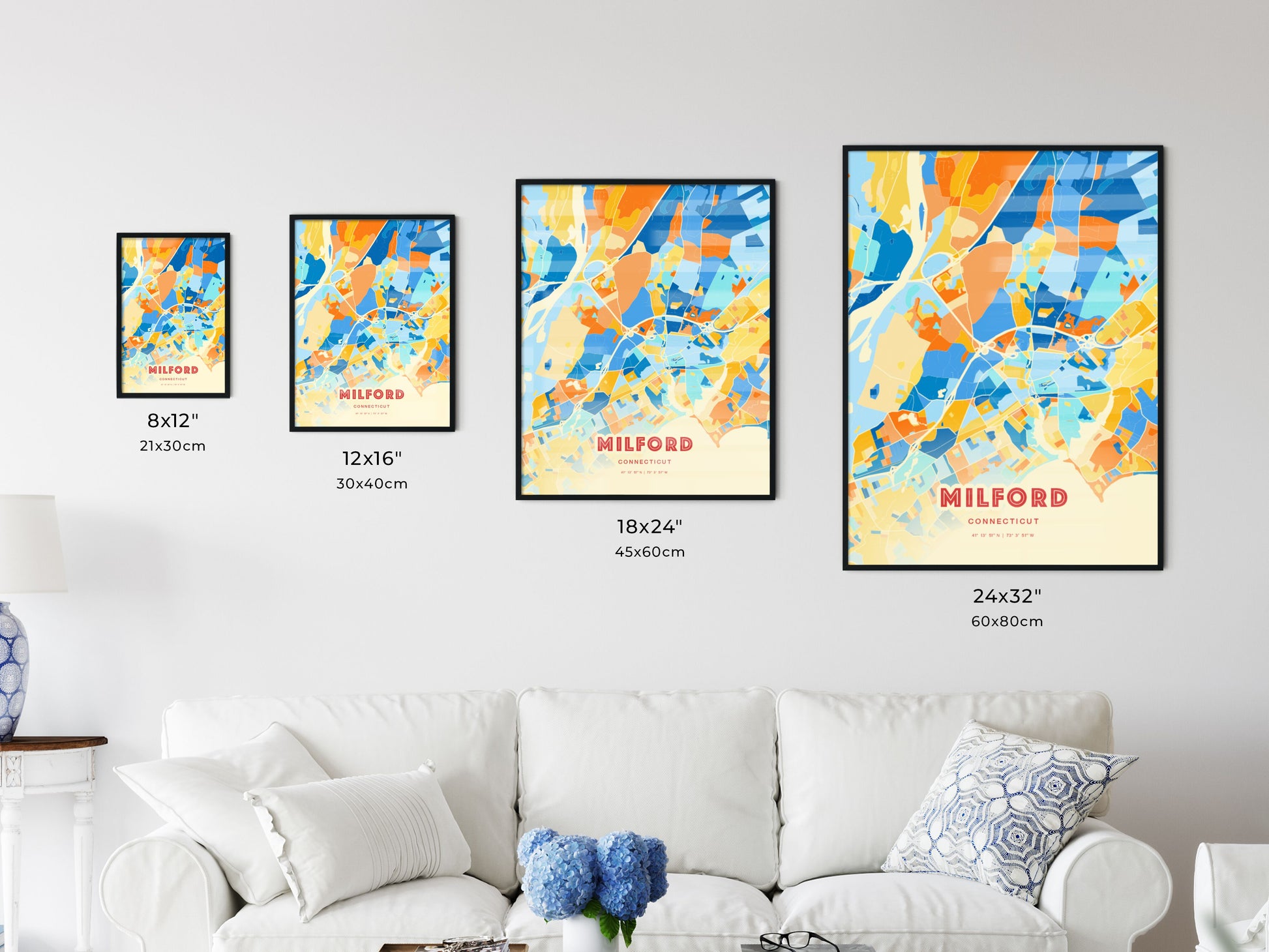 Colorful MILFORD CONNECTICUT Fine Art Map Blue Orange