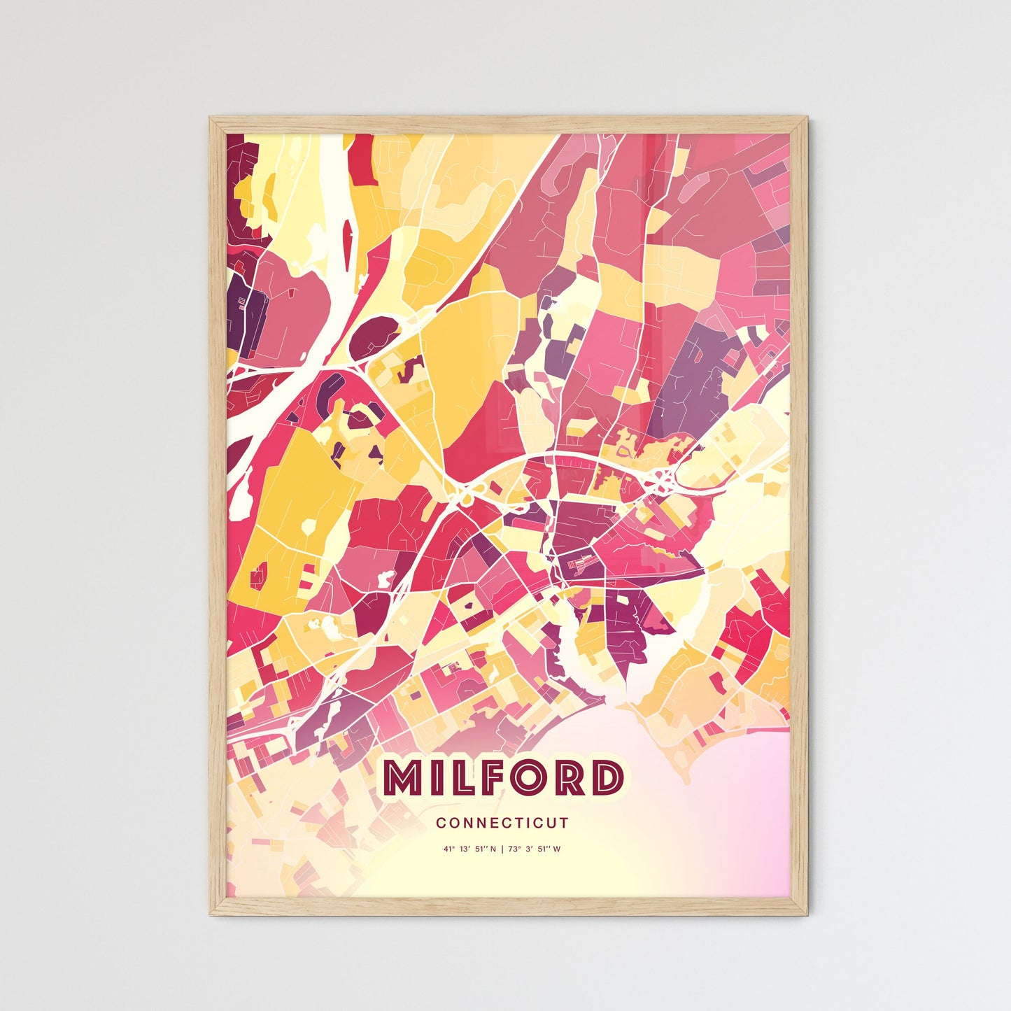 Colorful MILFORD CONNECTICUT Fine Art Map Hot Red