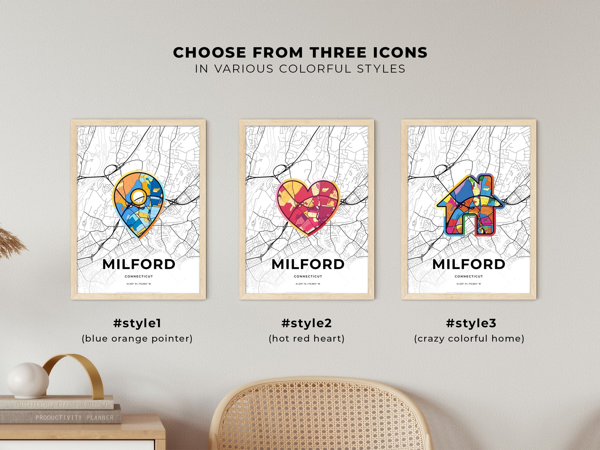 MILFORD CONNECTICUT minimal art map with a colorful icon.