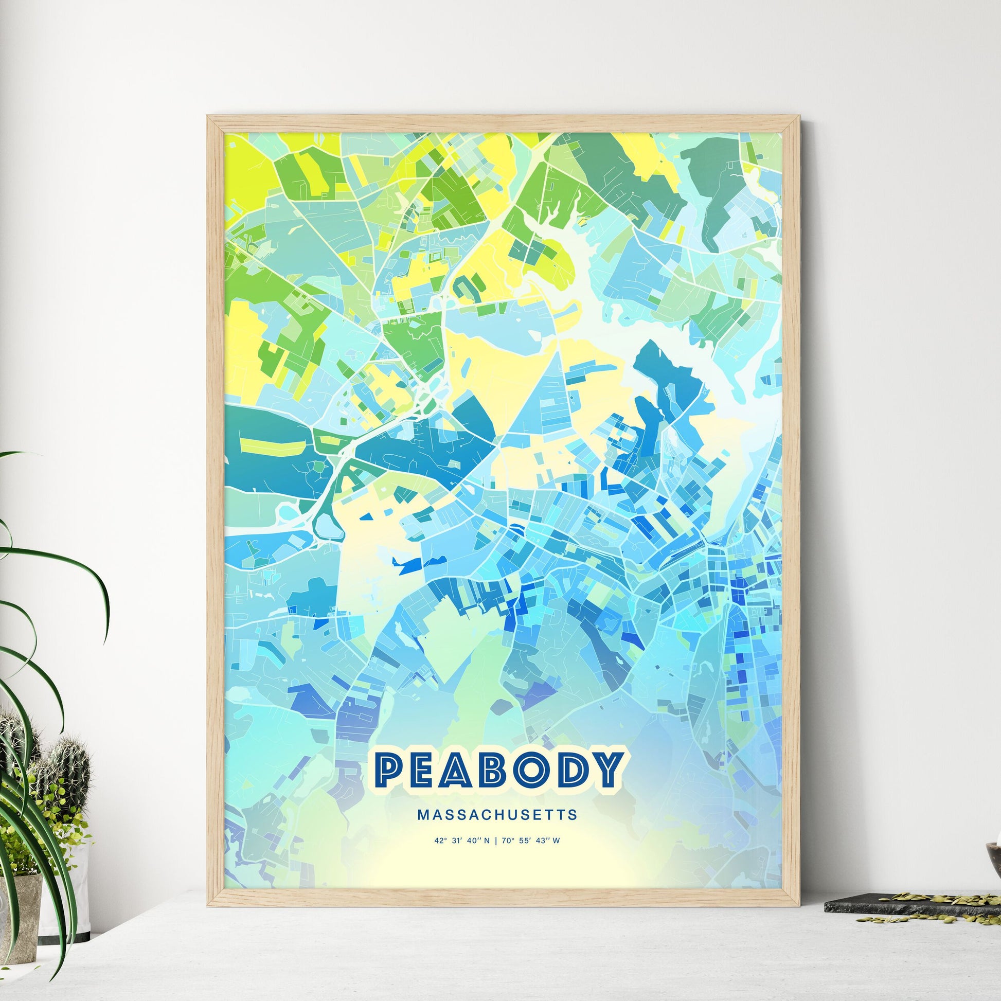 Colorful PEABODY MASSACHUSETTS Fine Art Map Cool Blue