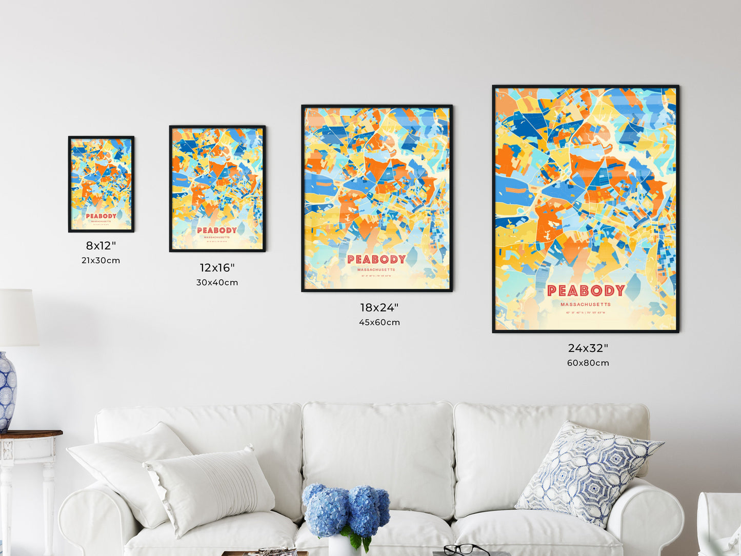 Colorful PEABODY MASSACHUSETTS Fine Art Map Blue Orange