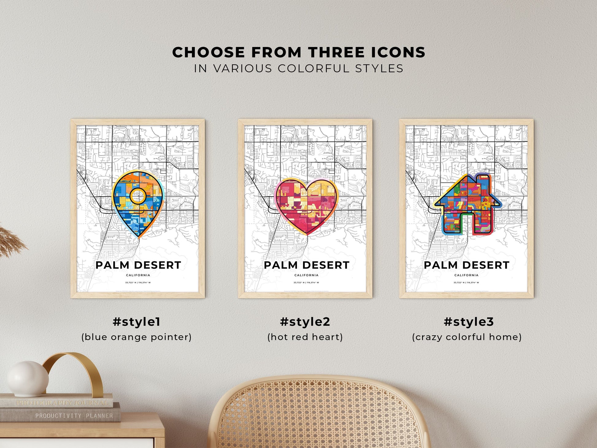 PALM DESERT CALIFORNIA minimal art map with a colorful icon.
