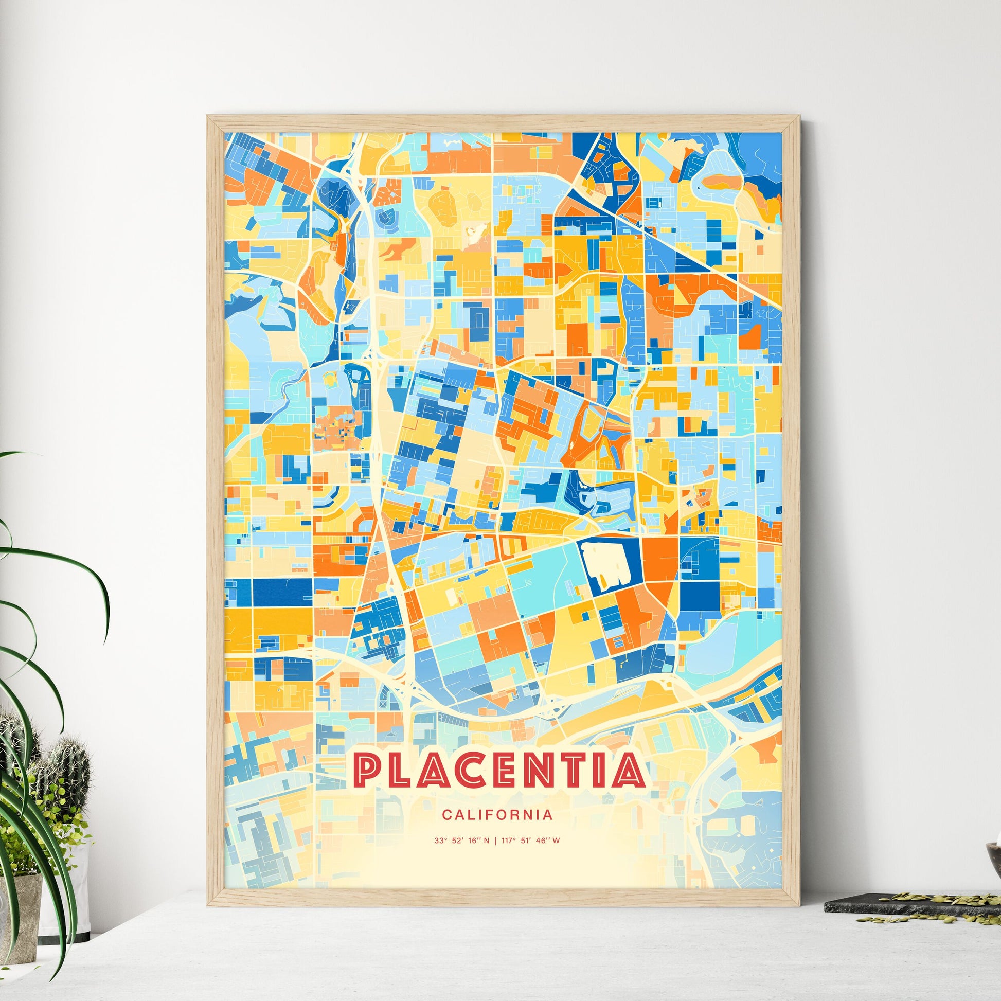 Colorful PLACENTIA CALIFORNIA Fine Art Map Blue Orange