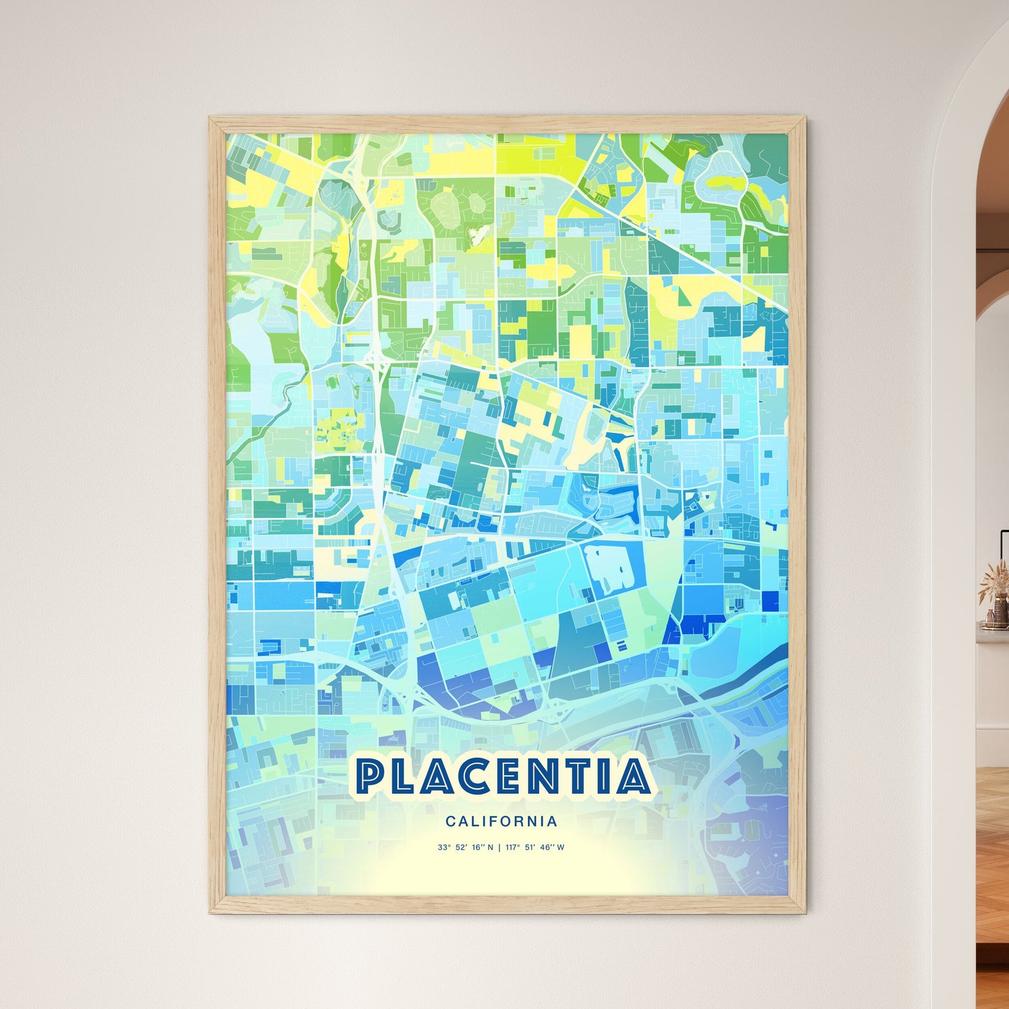 Colorful PLACENTIA CALIFORNIA Fine Art Map Cool Blue