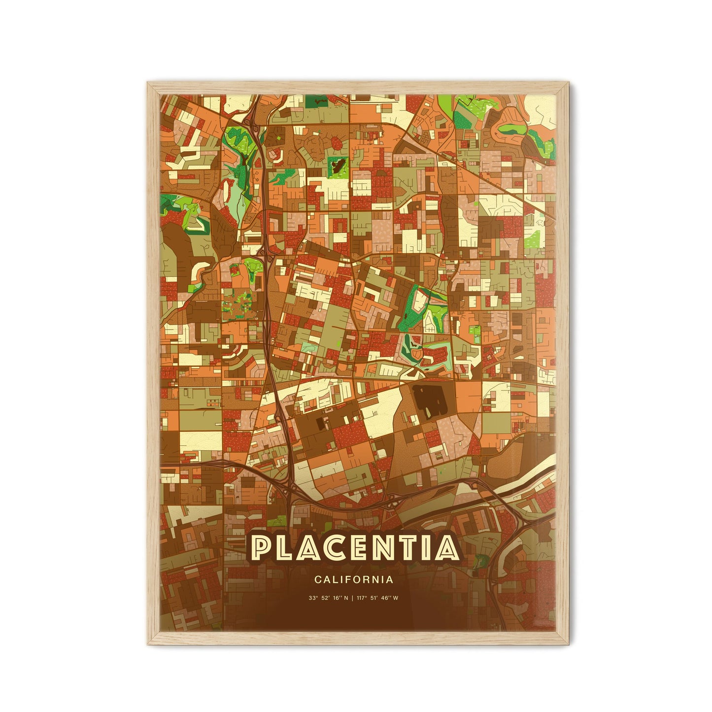 Colorful PLACENTIA CALIFORNIA Fine Art Map Farmhouse