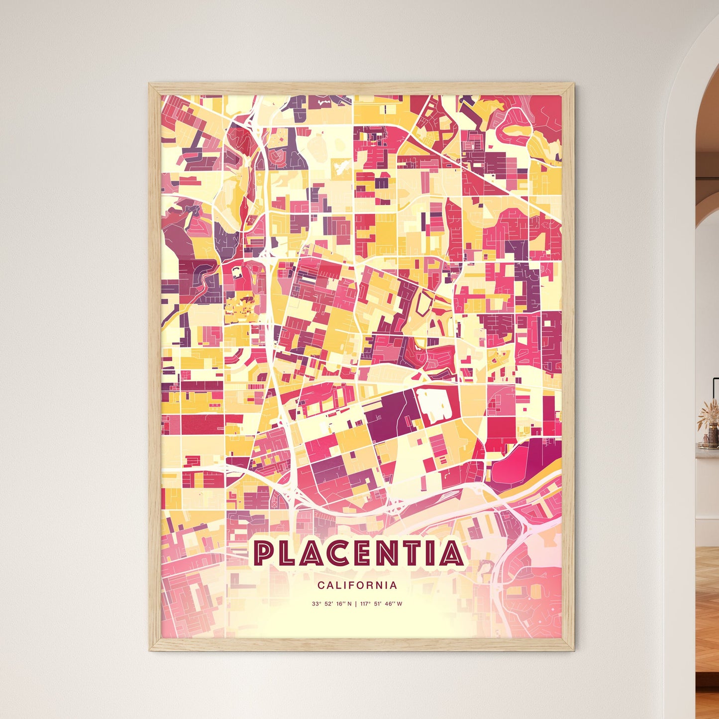 Colorful PLACENTIA CALIFORNIA Fine Art Map Hot Red