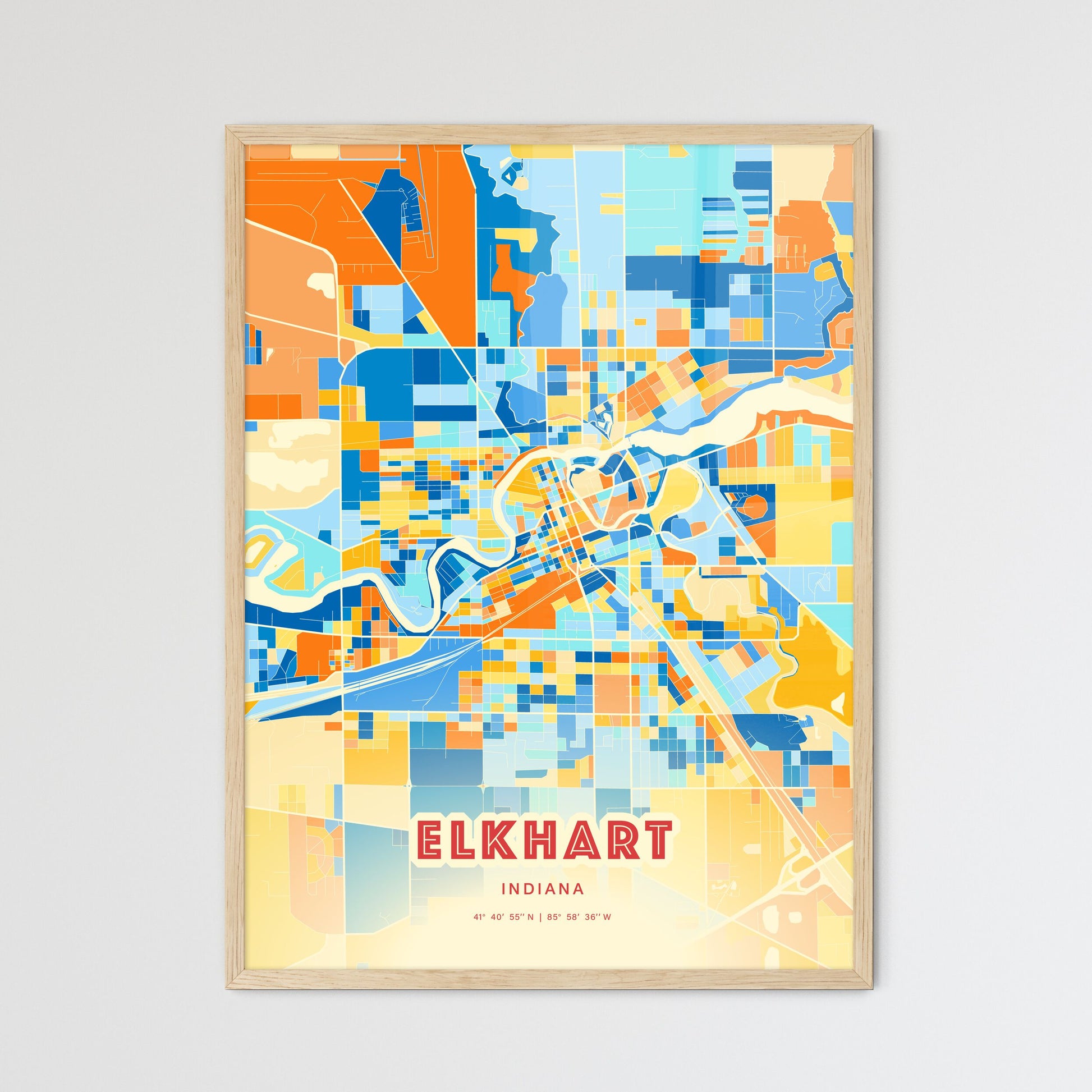 Colorful ELKHART INDIANA Fine Art Map Blue Orange