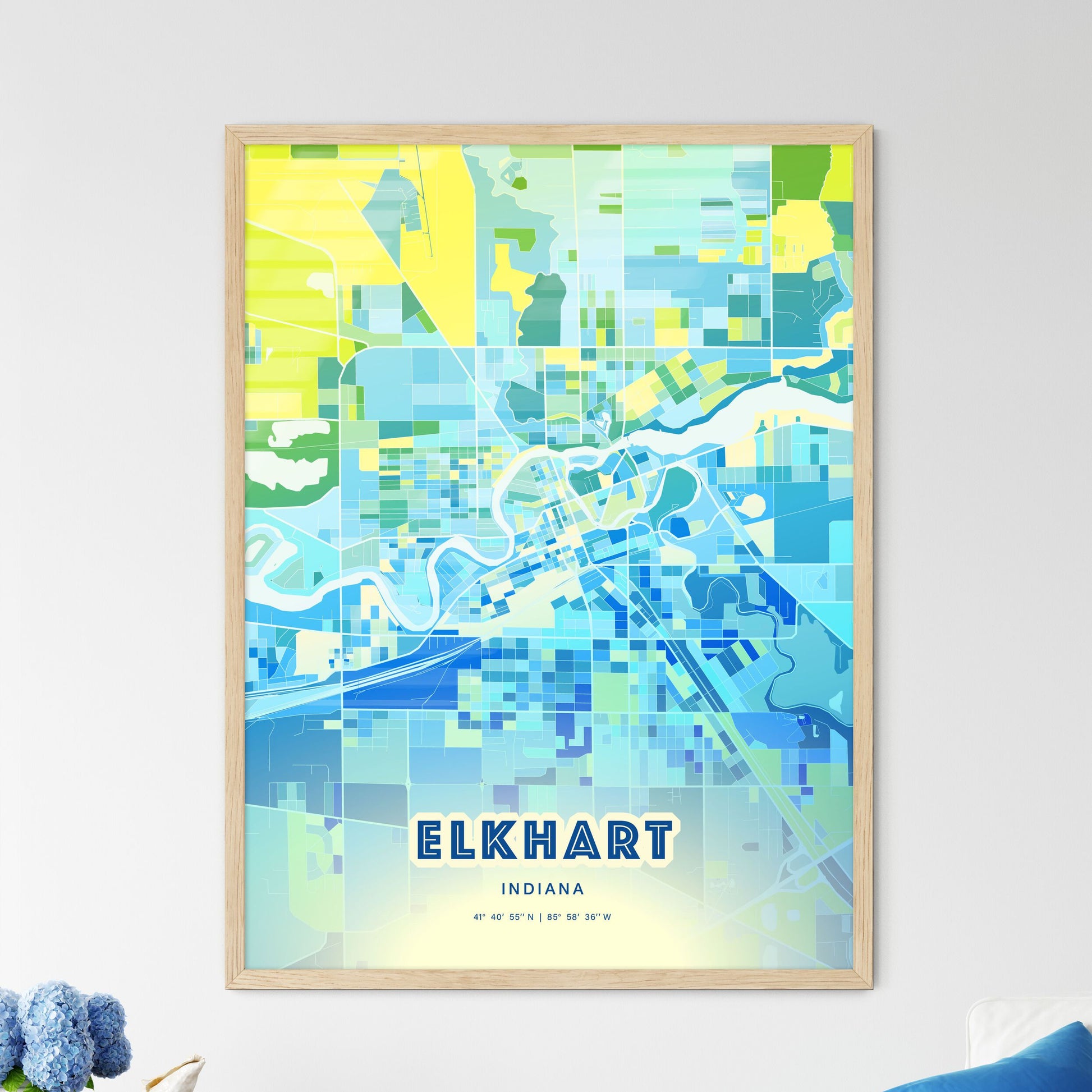 Colorful ELKHART INDIANA Fine Art Map Cool Blue