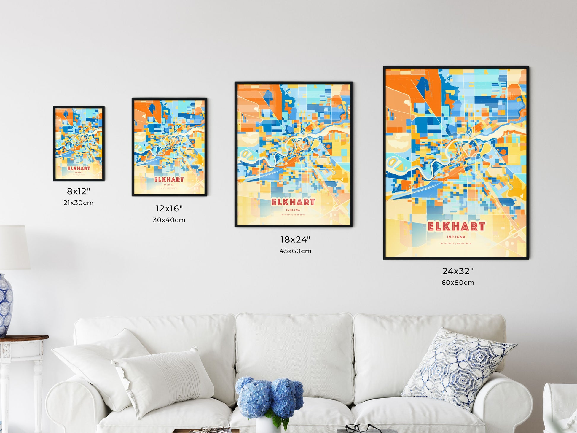 Colorful ELKHART INDIANA Fine Art Map Blue Orange