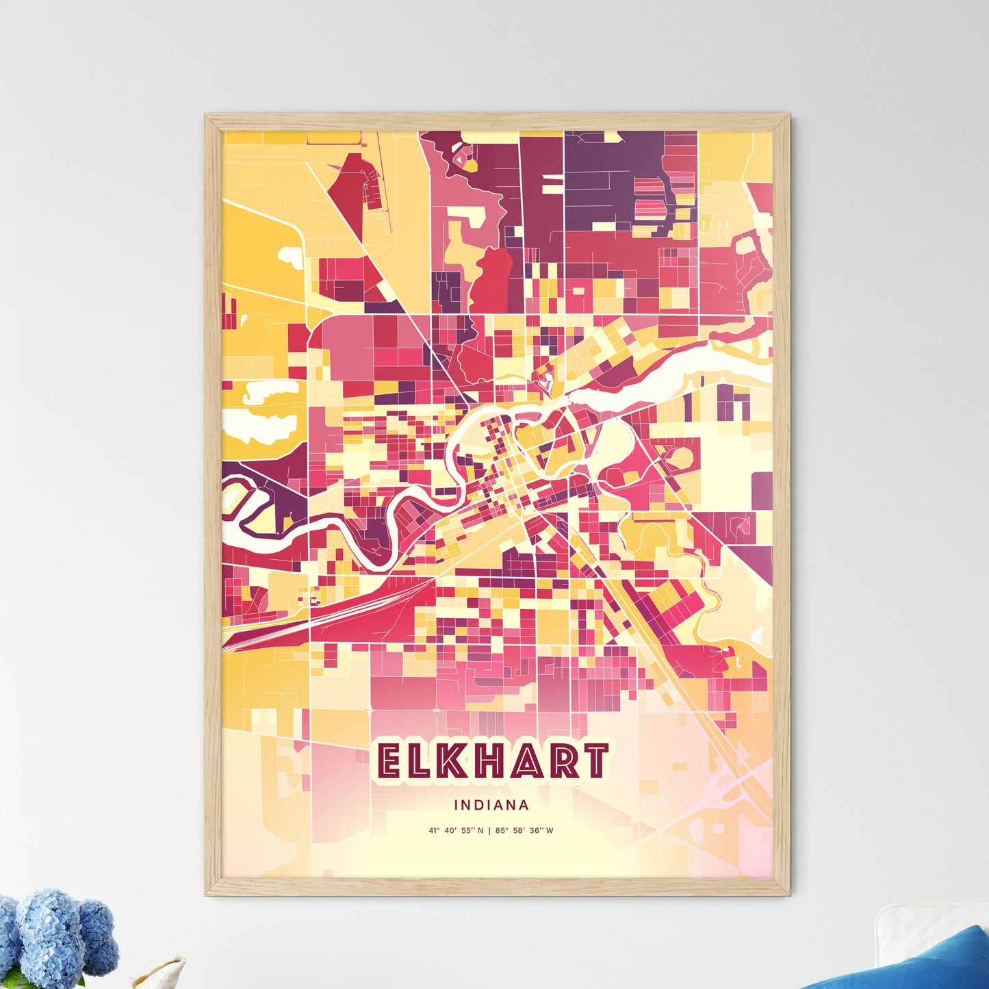 Colorful ELKHART INDIANA Fine Art Map Hot Red