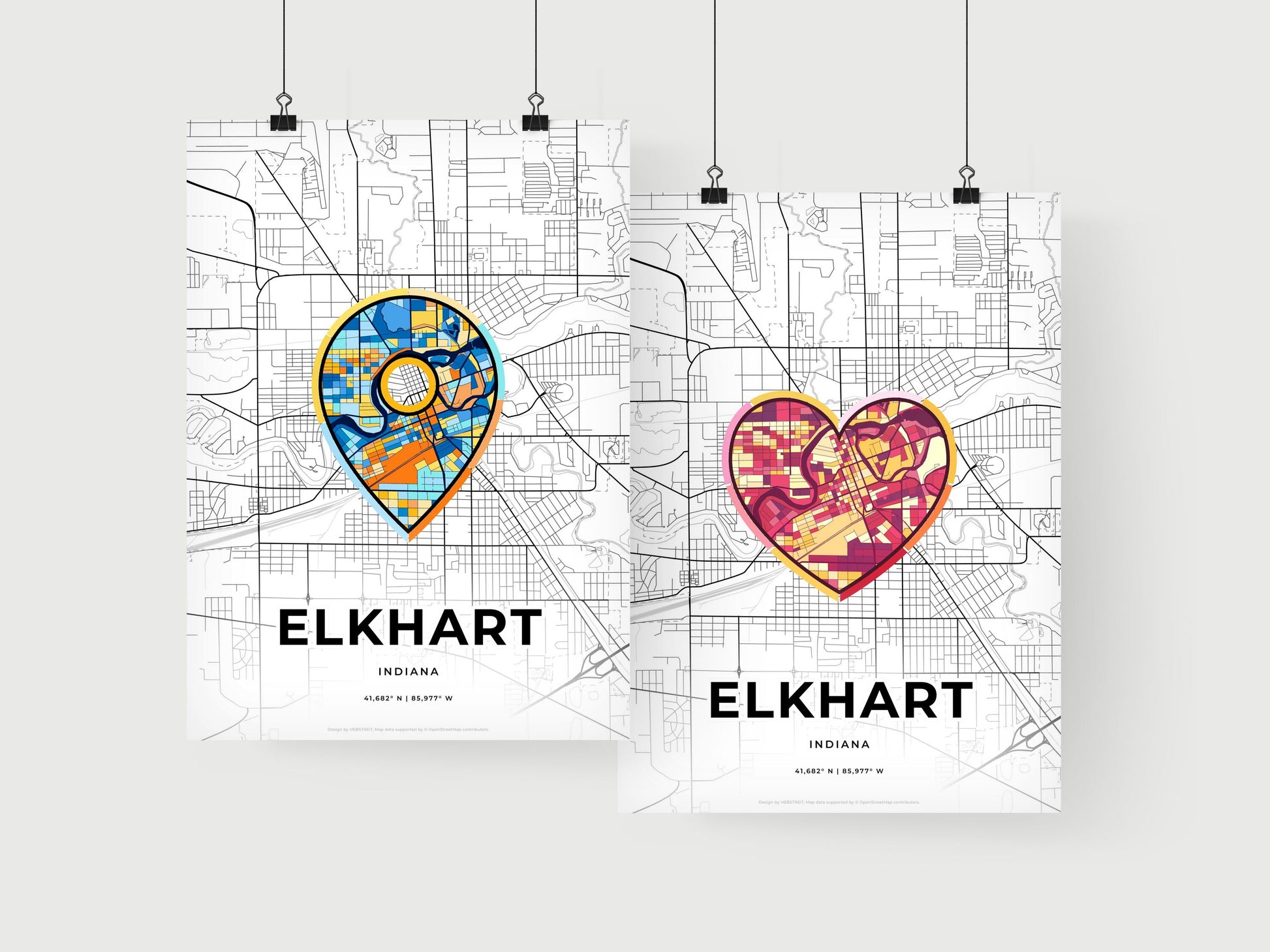 ELKHART INDIANA minimal art map with a colorful icon. Where it all began, Couple map gift.
